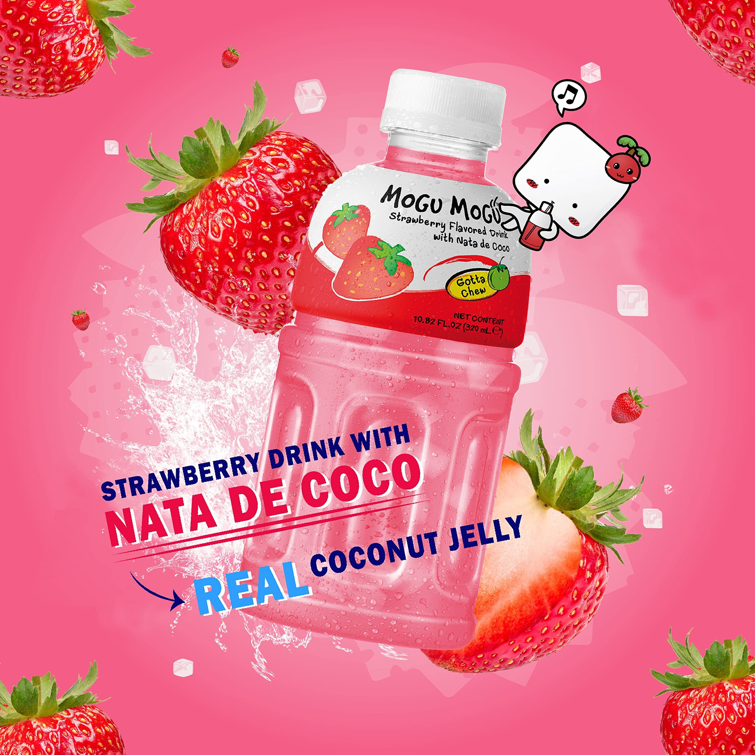 Mogu Mogu Drink Strawberry Juice (6 Bottles) Drinks For Kids Made With Fruit Juice And Nata De Coco (Coconut Jelly) Fun Chewable Juice Boxes For Kids. Juice Bottles Made For Adults And Kids Ready To Drink Juices
