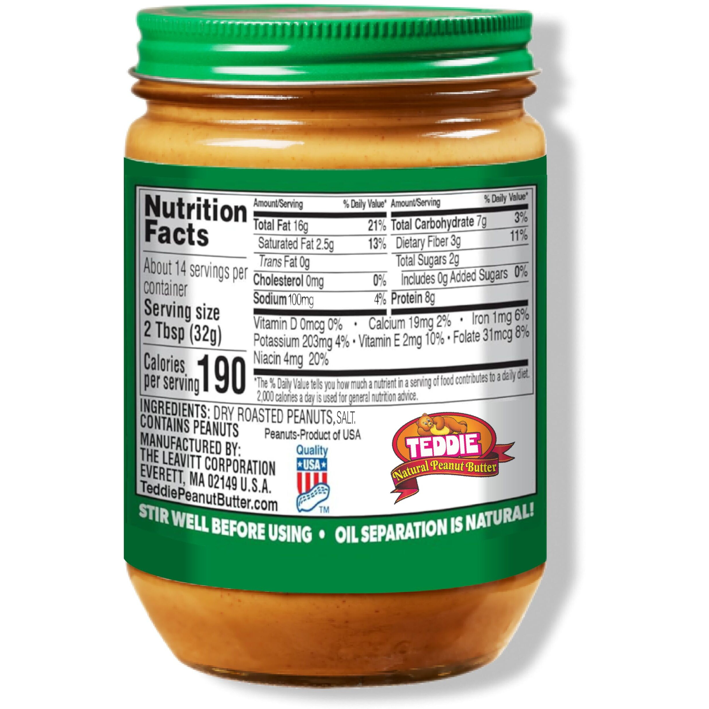 Teddie All Natural Peanut Butter, Super Chunky 2Pk, Gluten Free & Vegan, 16 Ounce Glass (Super Chunky, 16 Ounce (Pack Of 2))