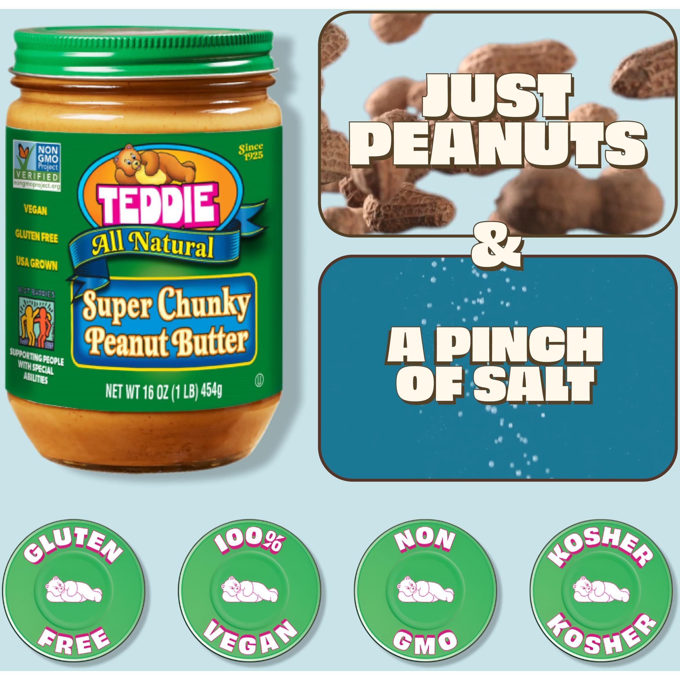 Teddie All Natural Peanut Butter, Super Chunky 2Pk, Gluten Free & Vegan, 16 Ounce Glass (Super Chunky, 16 Ounce (Pack Of 2))