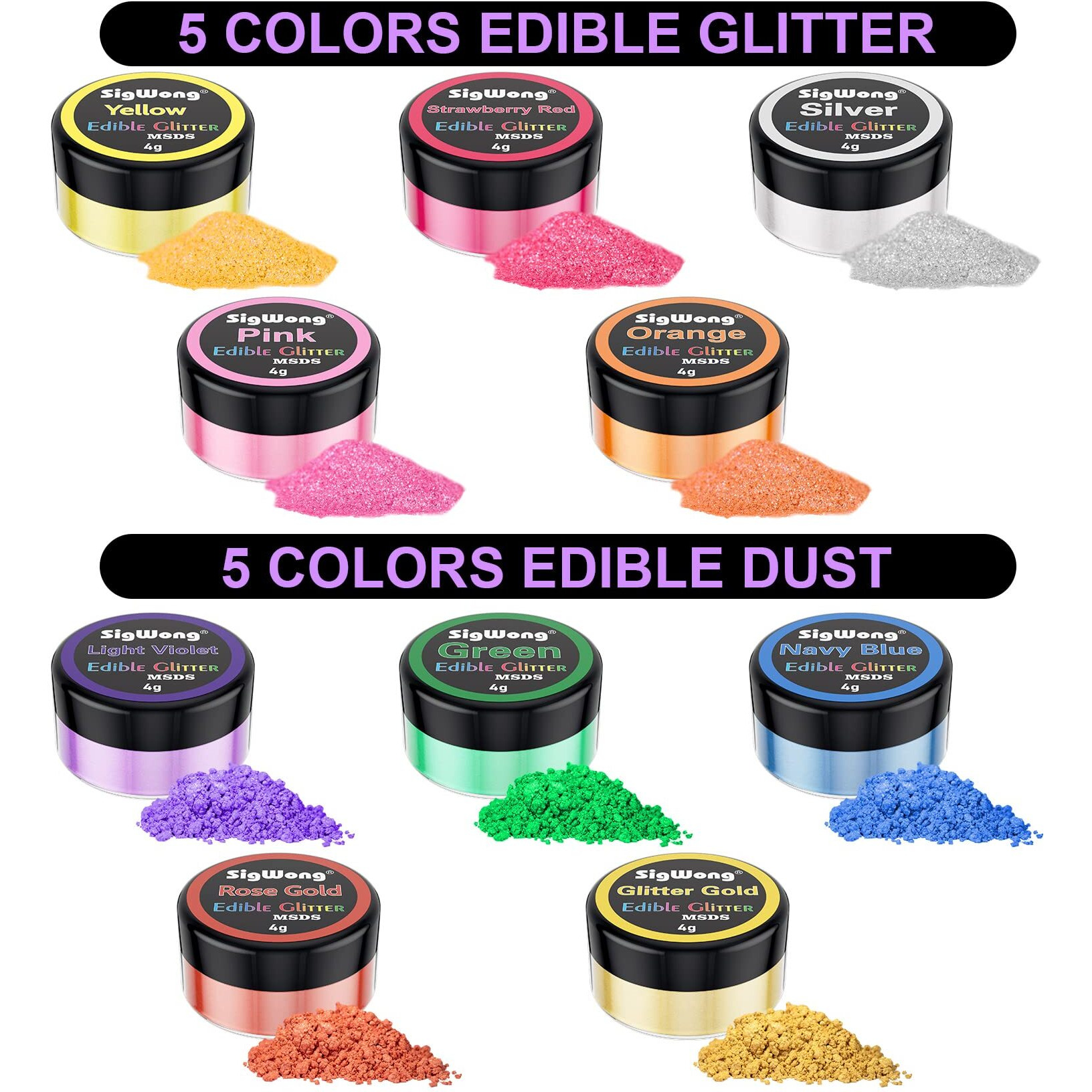 Edible Glitter - 10 Colors Luster Dust Edible Set For Drinks, Food Grade Edible Glitter Dust For Cake Decorating, Cocktail, Fondant, Strawberries, Candy, Cookie, Chocolate. Vegan And Gluten Free - 4G/Bottle