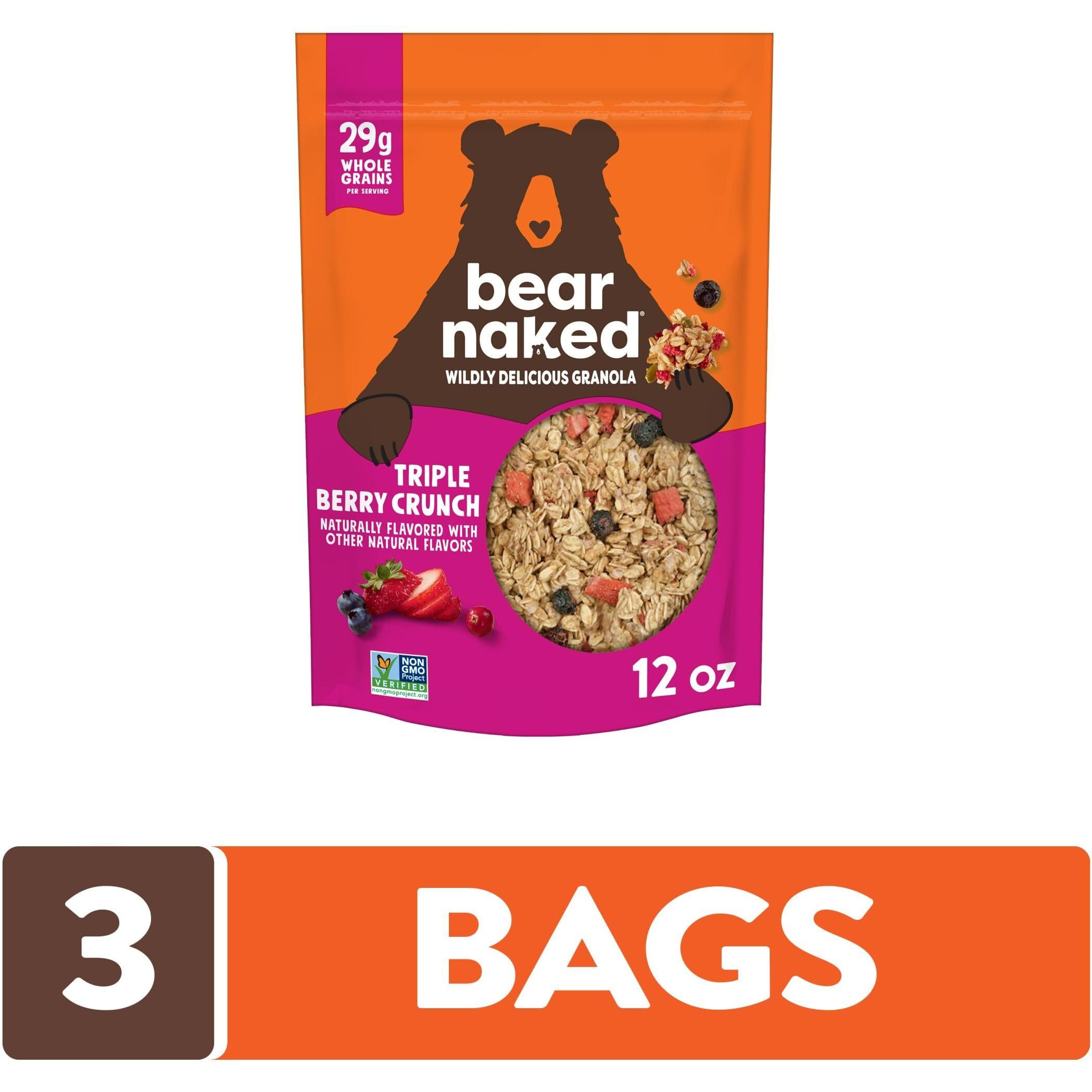 Bear Naked Granola Cereal, Whole Grain Granola, Breakfast Snacks, Mega Pack, Triple Berry Crunch (3 Bags)
