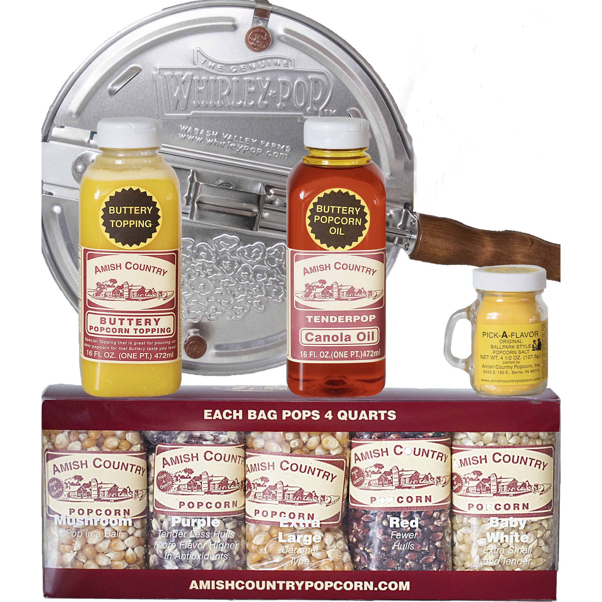 Amish Country Popcorn | 6 Quart Whirley Pop Stovetop Popcorn Gift Set | Old Fashioned, Non-Gmo And Gluten Free