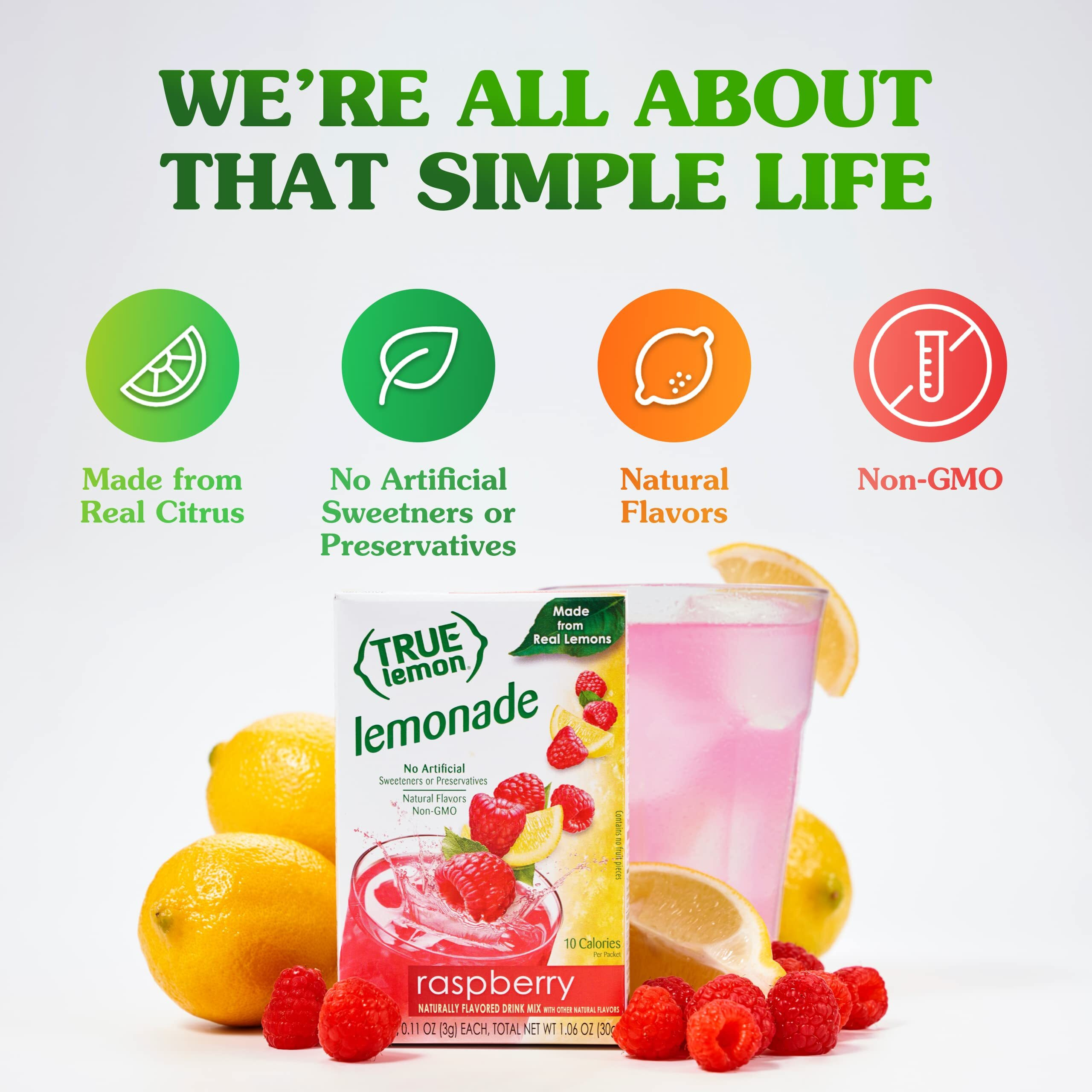 True Citrus Raspberry Flavored Lemonade Drink Mix, Non Gmo, 10 Counts, 1.06 Ounces (Pack Of 12)