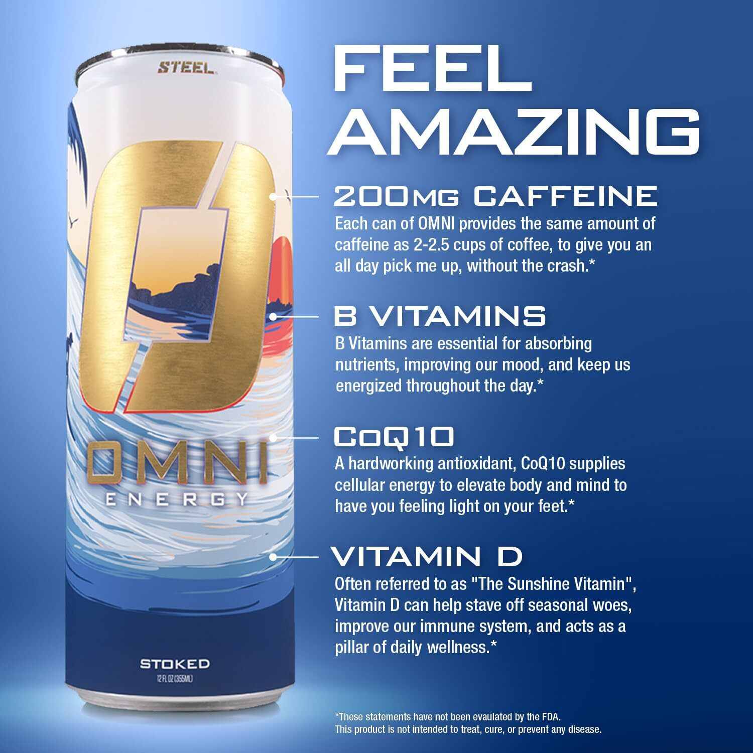 Omni Energy Drink Stoked 12 Oz (Pack Of 12) | Contains 200Mg Natural Caffeine, B Vitamins, Coq10, Ginger Root Extract | Sugar-Free, Low Calorie, Energy Drink For All-Day Vitality