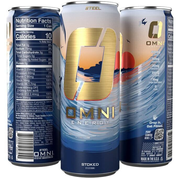 Omni Energy Drink Stoked 12 Oz (Pack Of 12) | Contains 200Mg Natural Caffeine, B Vitamins, Coq10, Ginger Root Extract | Sugar-Free, Low Calorie, Energy Drink For All-Day Vitality