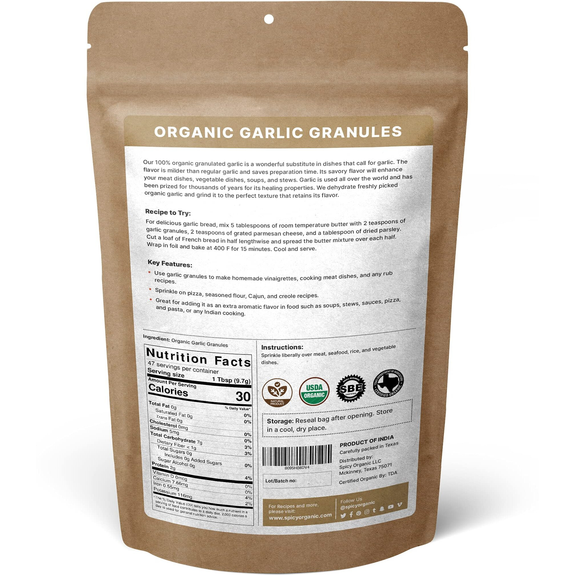 Spicy Organic Garlic Granules - 100% Usda Organic- Premium Quality Granulated Garlic Powder For Mouthwatering Rubs On Beef, Pork, Fish, Poultry, And Delicious Sauces - 16Oz