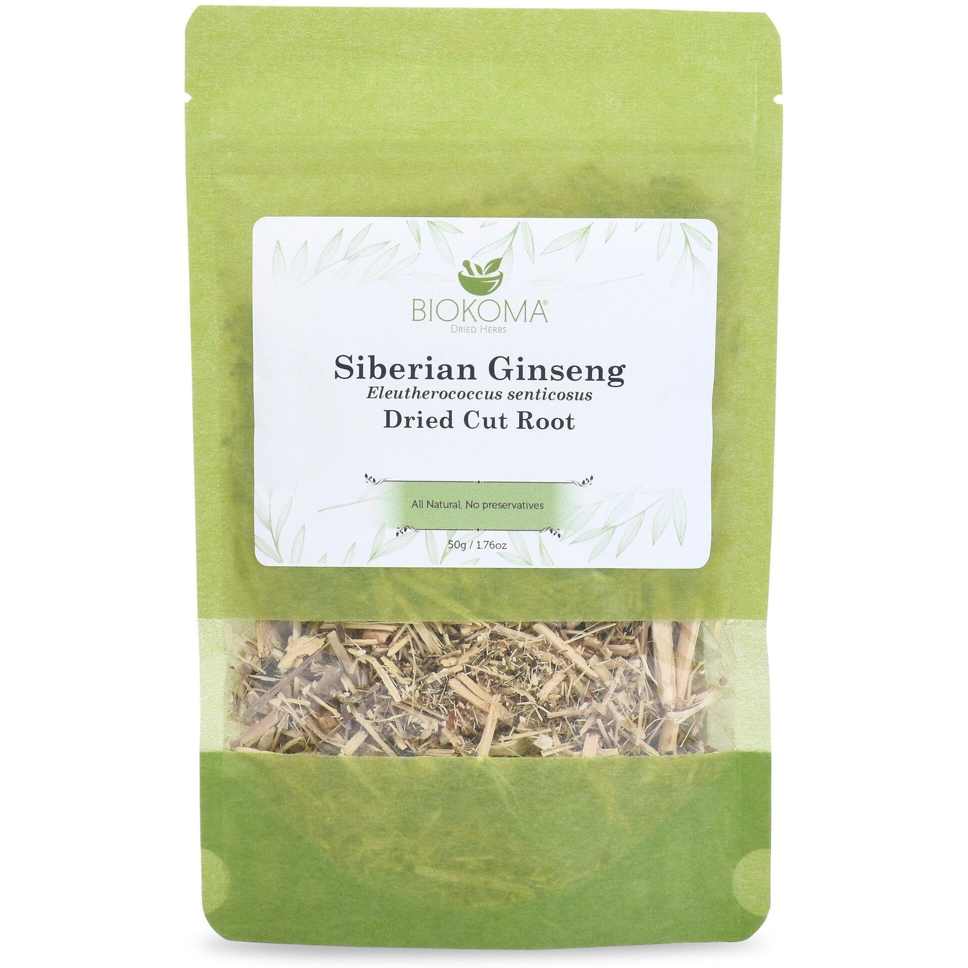 Biokoma Pure And Natural Siberian Ginseng Dried Cut Root 50G (1.76Oz) In Resealable Moisture Proof Pouch - Herbal Tea, No Additives, No Preservatives, Kosher