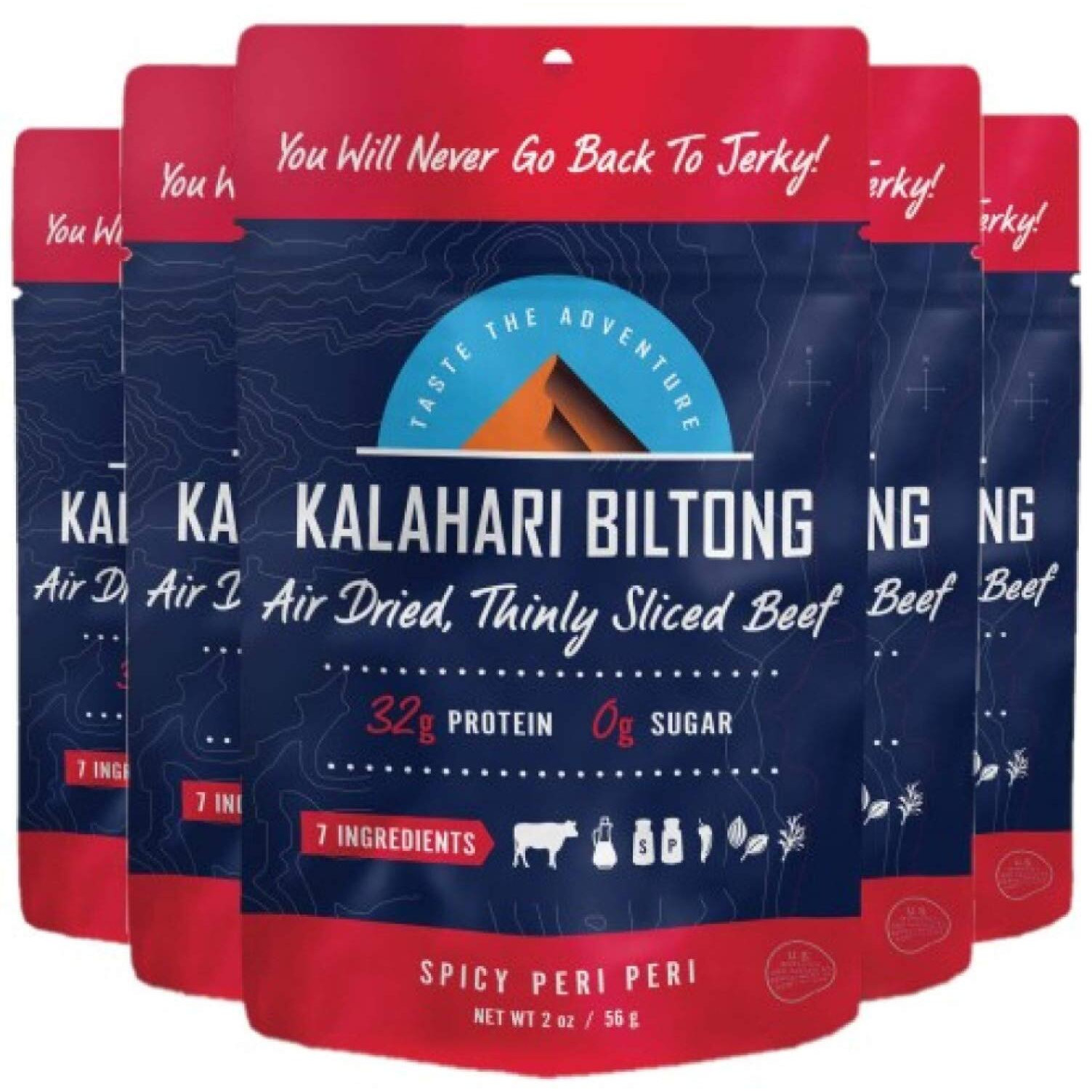 Kalahari Biltong | Air-Dried Thinly Sliced Beef | Spicy Peri Peri | 2Oz (Pack Of 5) | Sugar Free | Keto & Paleo | Gluten Free | Better Than Jerky