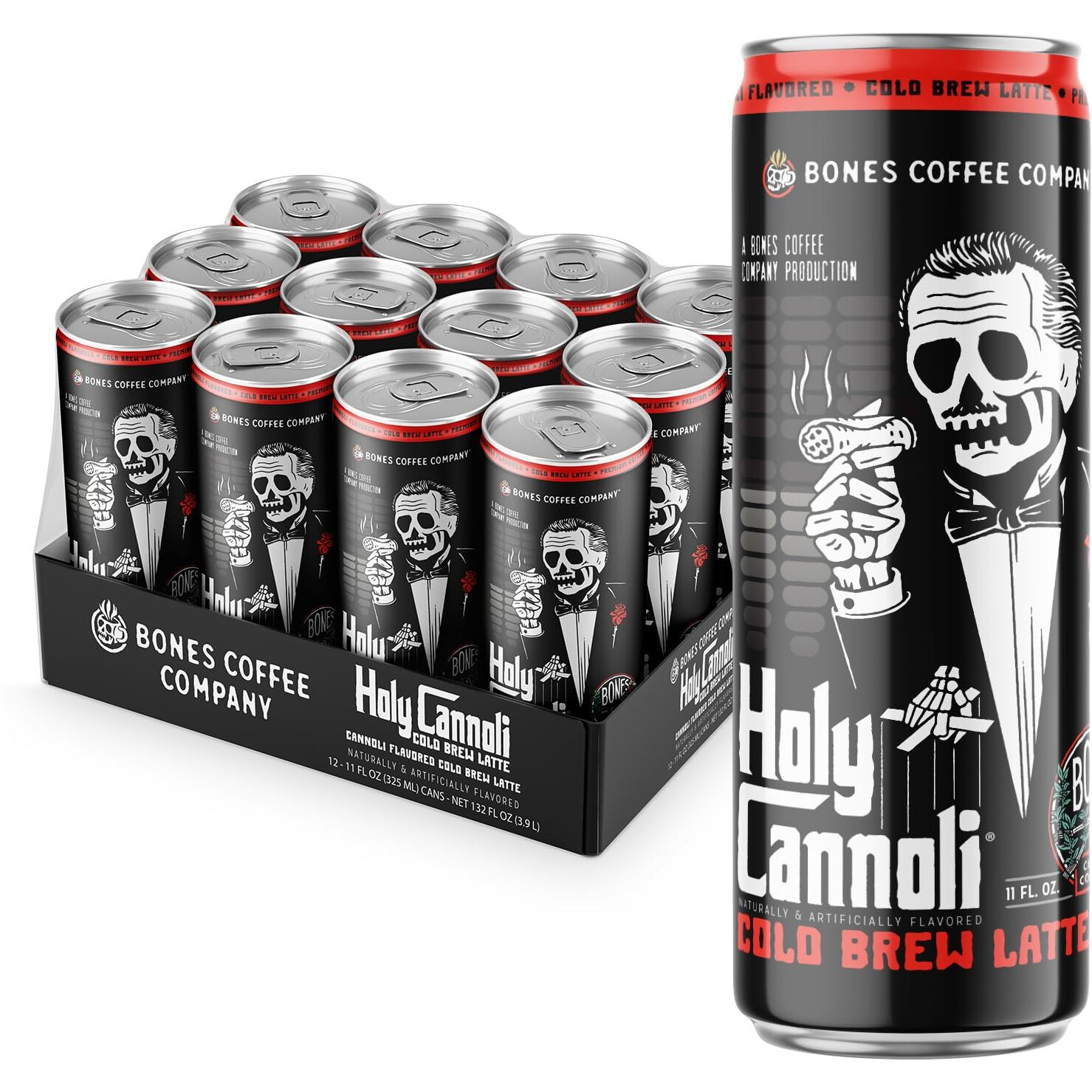 Bones Coffee Company Holy Cannoli Cold Brew Latte Flavored Coffee | 100% Ready To Drink Cold Brew Coffee Can | Cannoli In Cans | 11 Fl Oz Can (12 Pack)