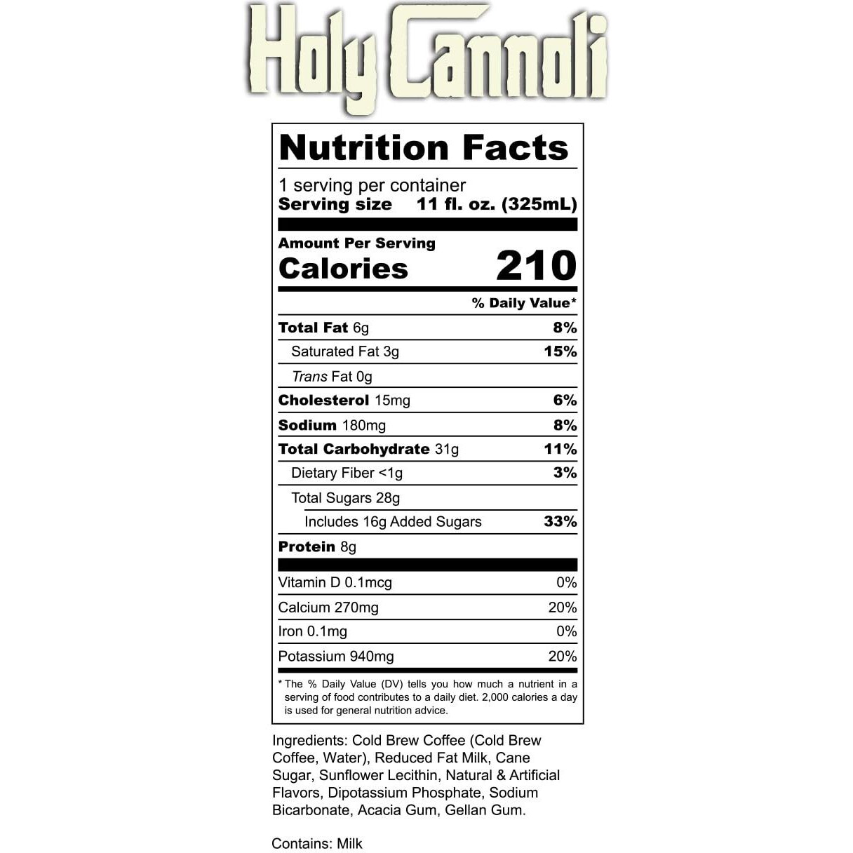 Bones Coffee Company Holy Cannoli Cold Brew Latte Flavored Coffee | 100% Ready To Drink Cold Brew Coffee Can | Cannoli In Cans | 11 Fl Oz Can (12 Pack)