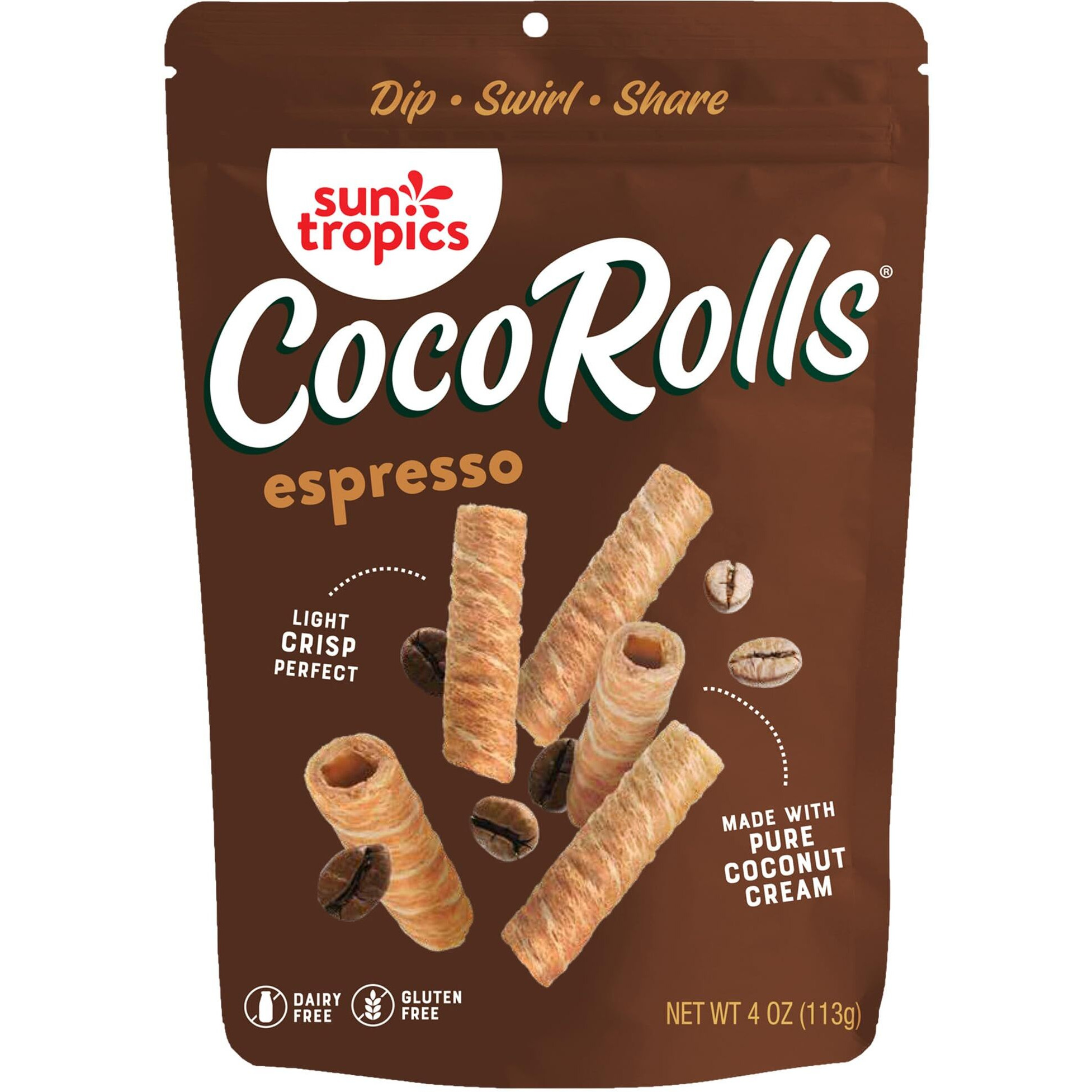 Sun Tropics Cocorolls Espresso Flavor- 6 Count (4 Oz Each) | Crisp Rolled Wafer Cookies, Coconut Rolls Made With Pure Coconut Cream | Gluten Free & Dairy Free Coconut Wafer Snack