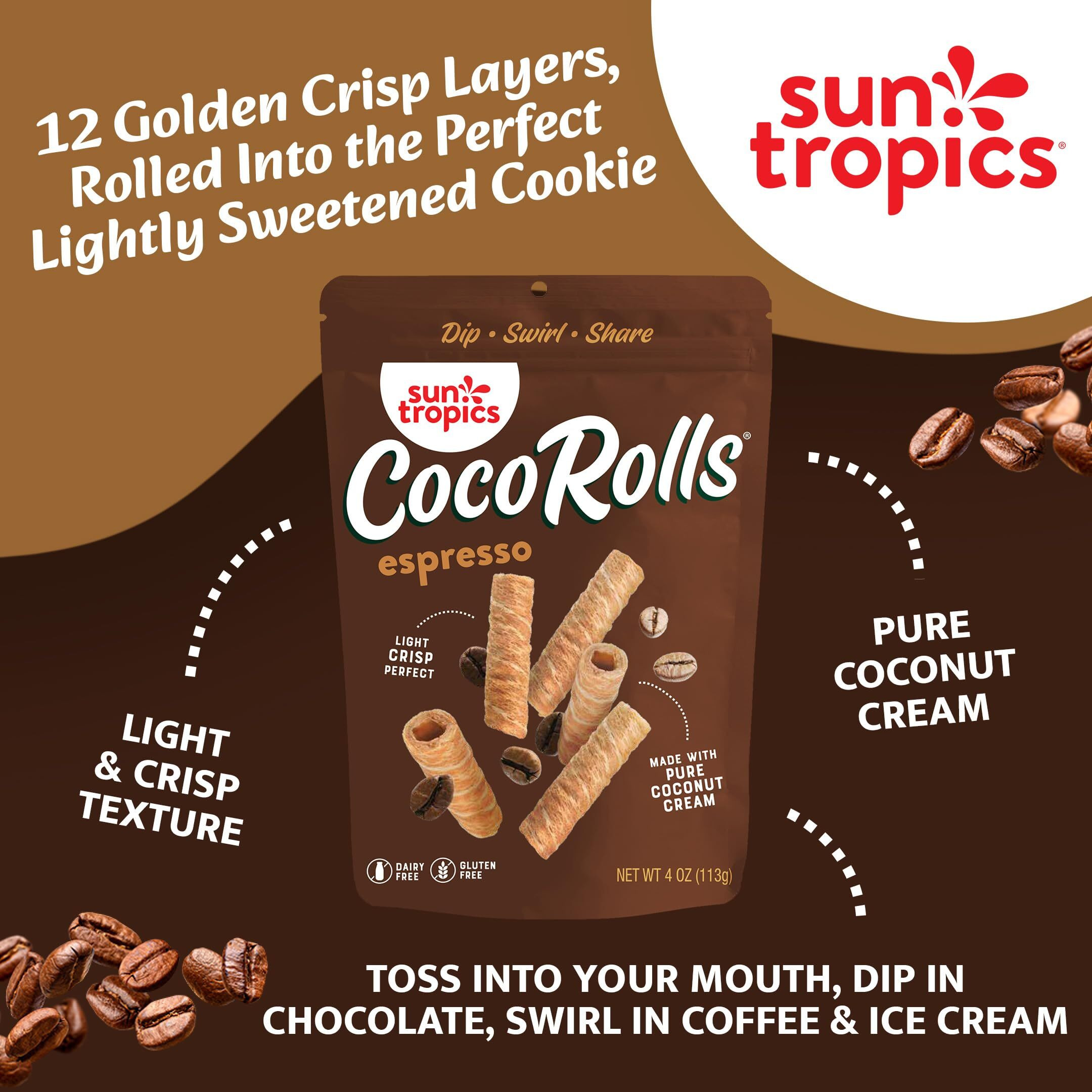 Sun Tropics Cocorolls Espresso Flavor- 6 Count (4 Oz Each) | Crisp Rolled Wafer Cookies, Coconut Rolls Made With Pure Coconut Cream | Gluten Free & Dairy Free Coconut Wafer Snack