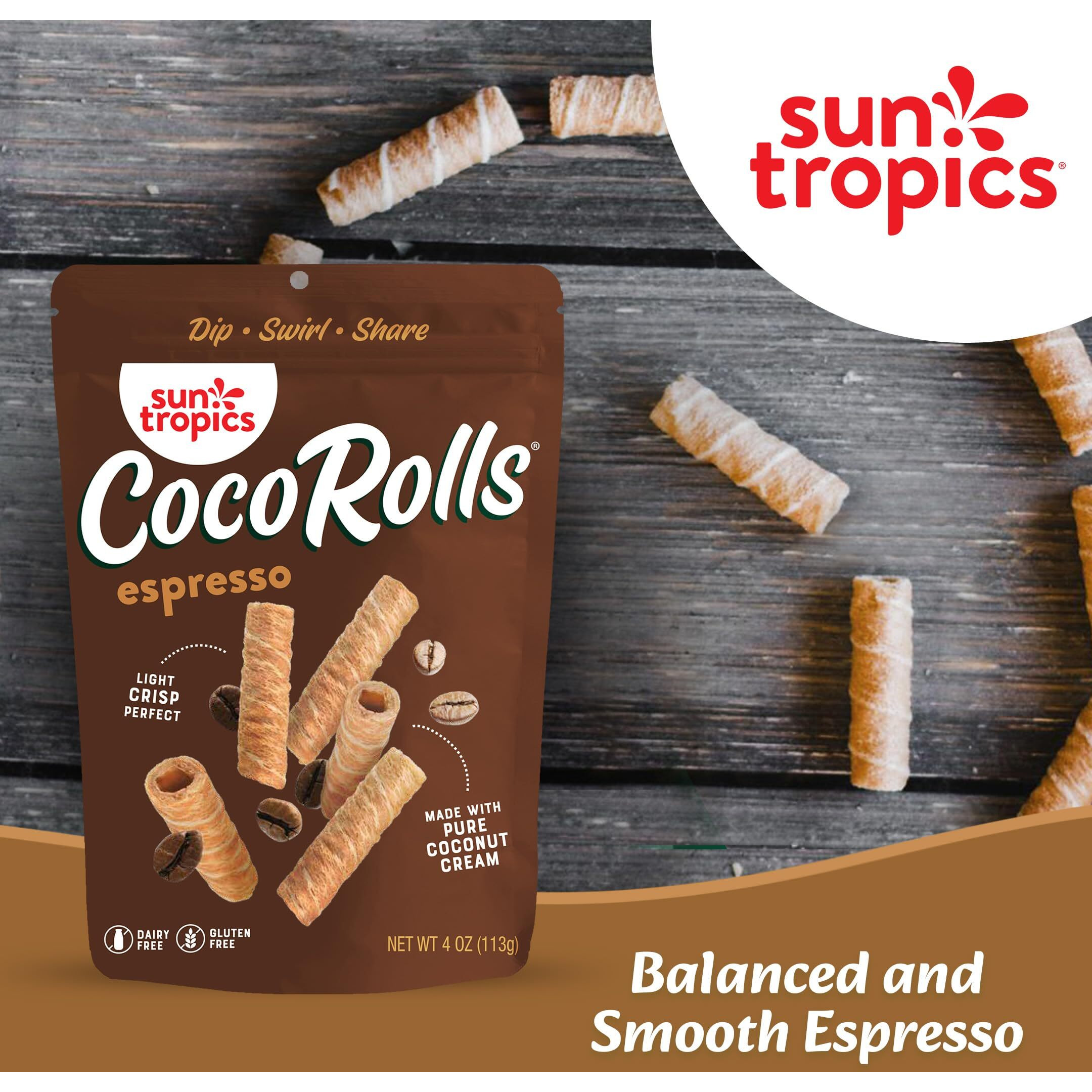 Sun Tropics Cocorolls Espresso Flavor- 6 Count (4 Oz Each) | Crisp Rolled Wafer Cookies, Coconut Rolls Made With Pure Coconut Cream | Gluten Free & Dairy Free Coconut Wafer Snack