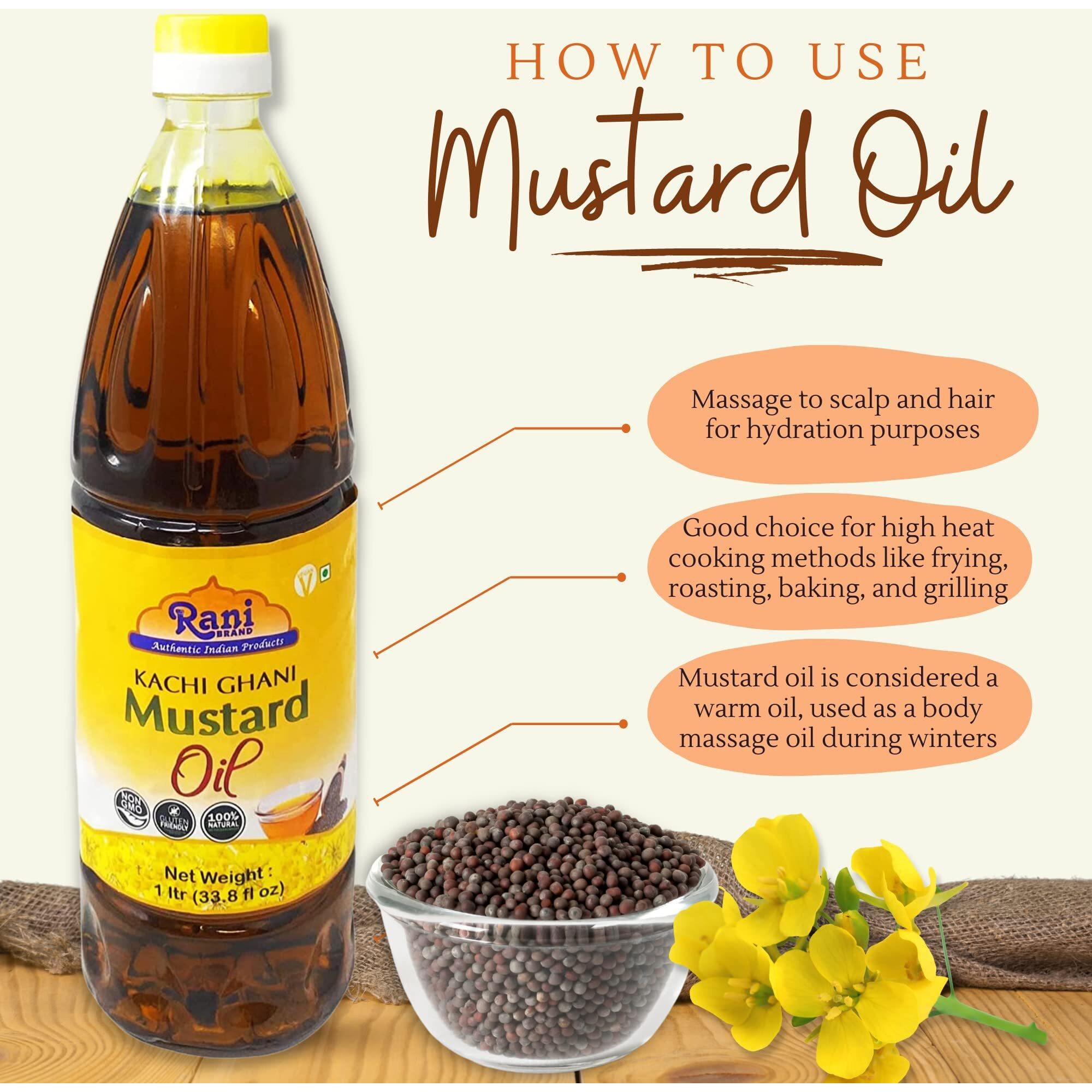 Rani Mustard Oil (Kachi Ghani) 16.9 Ounce (500Ml) Non-Gmo| Kosher | Gluten Free | Vegan | 100% Natural
