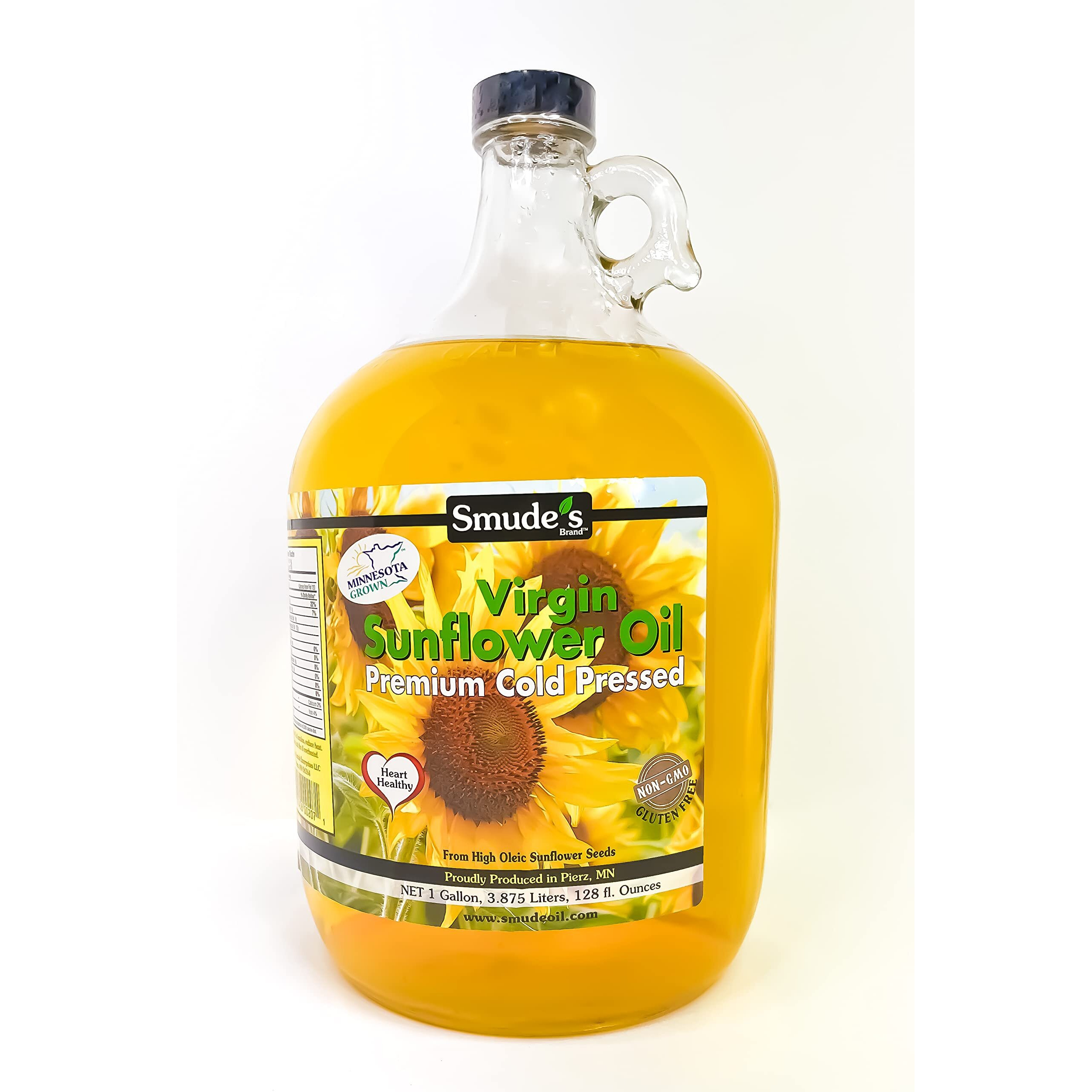 Smude's Brand Cold Pressed Sunflower Oil - 1 Gallon (128 Oz.) Glass Bottle | Healthy & Versatile Cooking Oil, High Oleic, Heart Healthy | All Natural, Chemical Free, 100% Pure, Unrefined | Gluten Free, Dairy Free, Non-Gmo, Vegan, Kosher