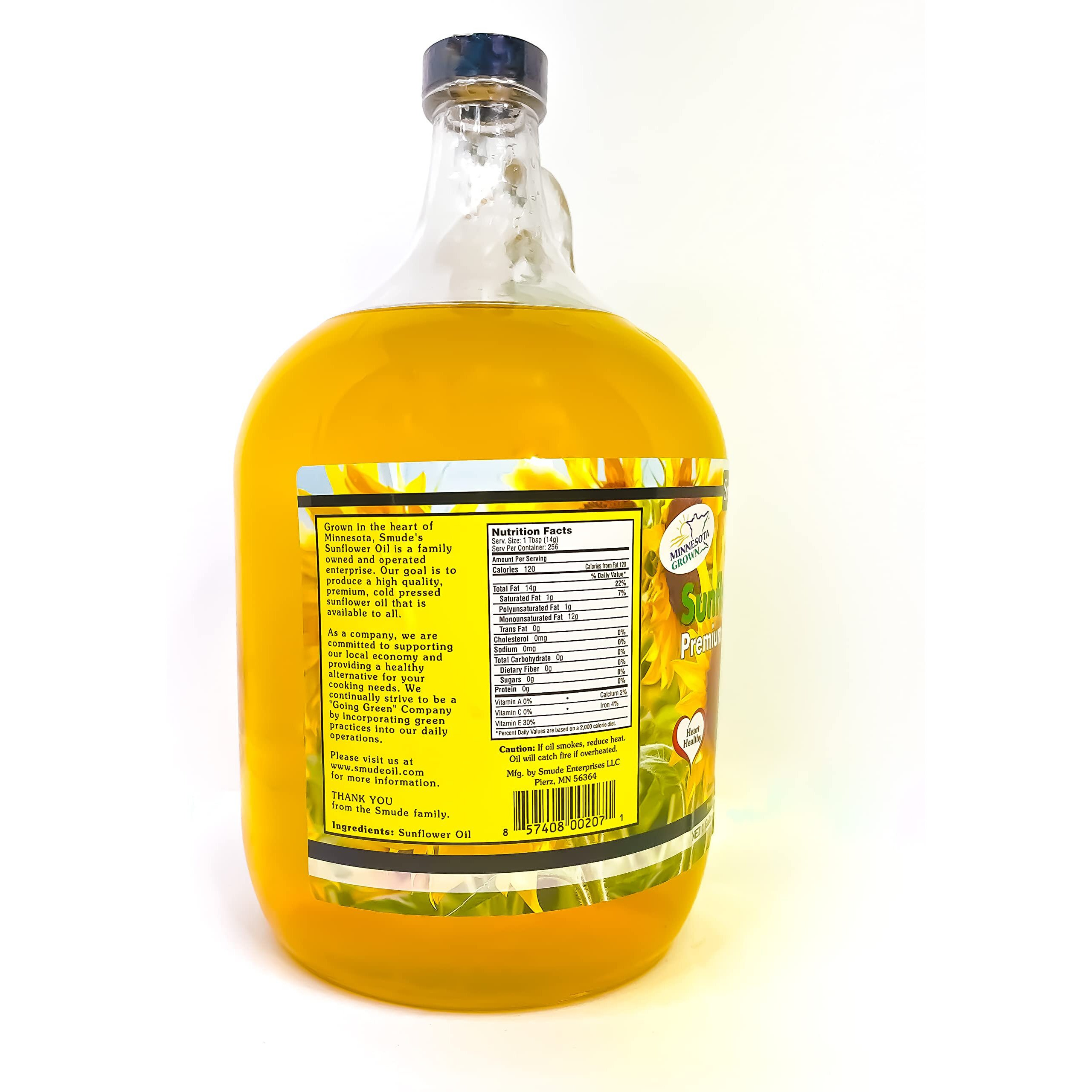 Smude's Brand Cold Pressed Sunflower Oil - 1 Gallon (128 Oz.) Glass Bottle | Healthy & Versatile Cooking Oil, High Oleic, Heart Healthy | All Natural, Chemical Free, 100% Pure, Unrefined | Gluten Free, Dairy Free, Non-Gmo, Vegan, Kosher