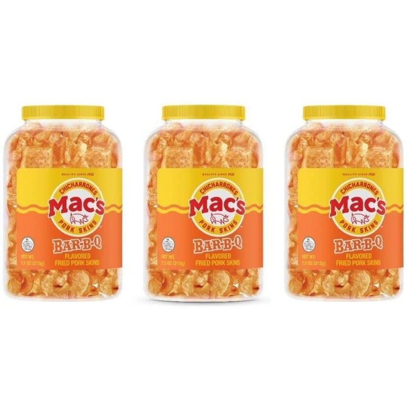 Mac's Bbq Pork Skin Canisters, Organic, Gluten Free, Keto Friendly, 7.5Oz (Pack Of 3)