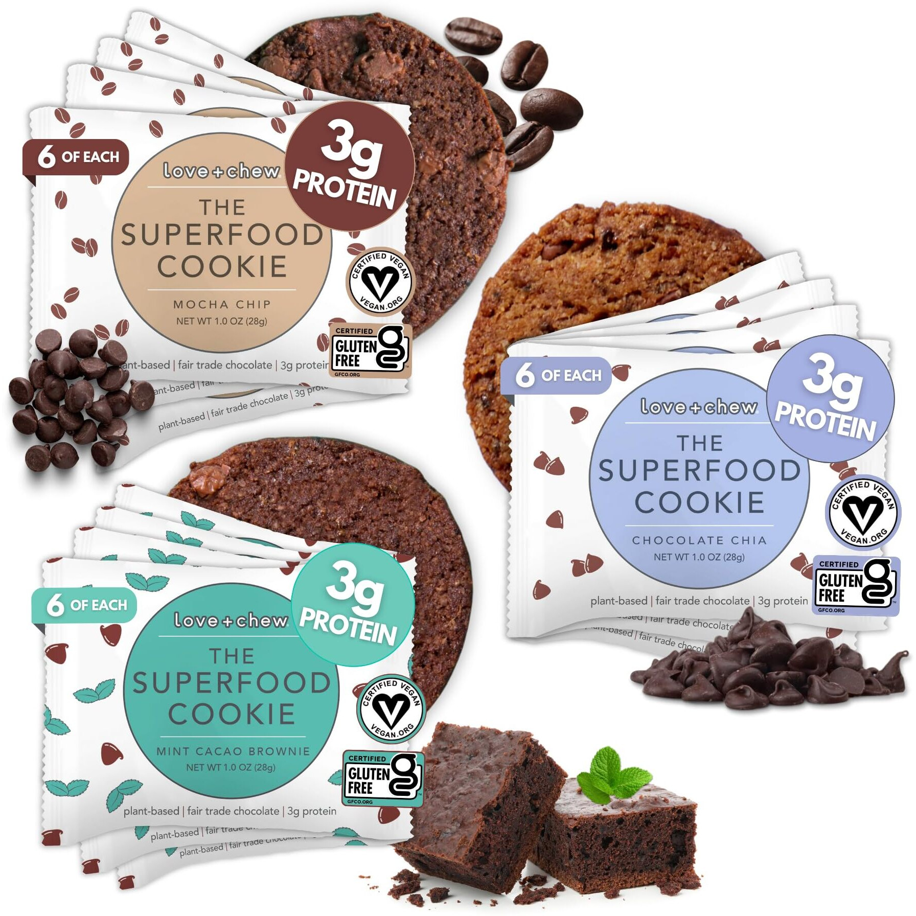 Love + Chew Soft Baked Protein Cookies, Gluten Free | (18) Count Chocolate Lover Minis Variety Pack | Vegan, Paleo, Non Gmo And Packed With Superfoods. - Individually Wrapped, And Made From High Protein Almonds