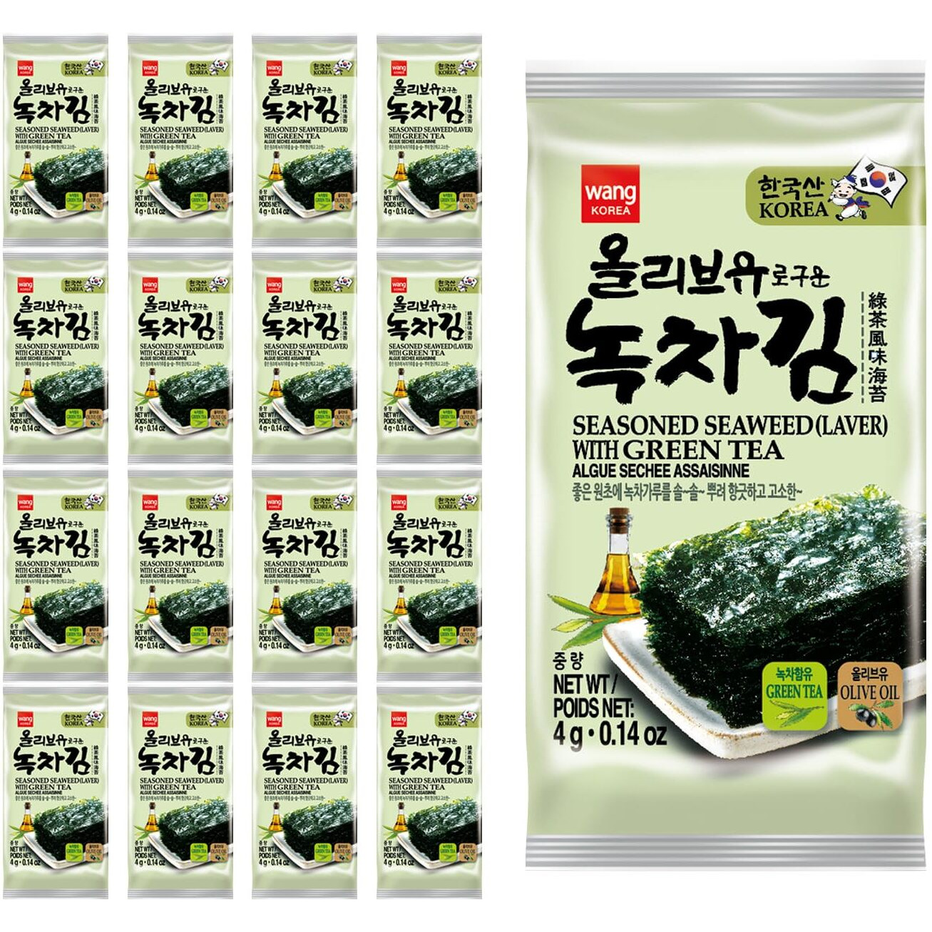 Wang Olive Oil Roasted Seaweed Snack With Green Tea, Gluten-Free, Keto-Friendly, Vegan, Healthy Snack 0.14 Ounce, Pack Of 24