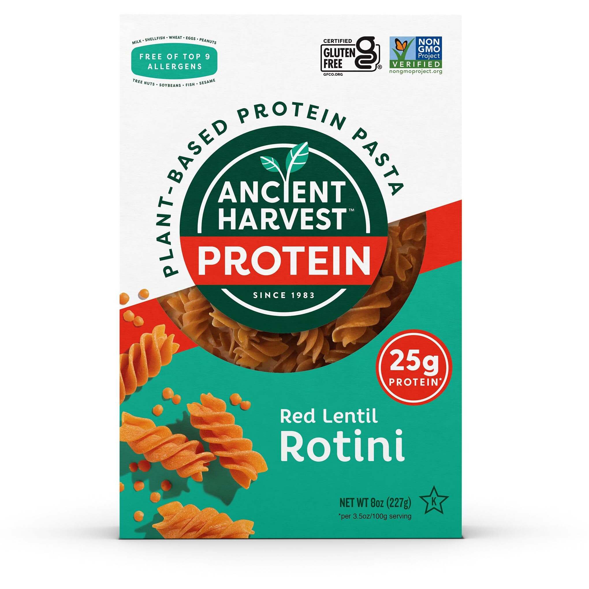 Ancient Harvest Gluten-Free Plant-Based High-Protein Vegan Pasta, Red Lentil And Quinoa Rotini, 8 Ounce Boxes (Pack Of 6)