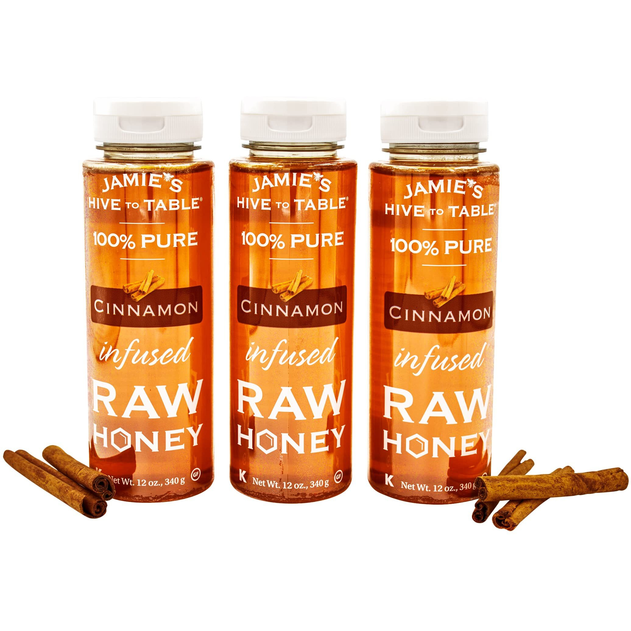 Jamie's Hive To Table- Cinnamon Raw Honey, 100% Pure Local Hive Honey, Flavored Honey In (3) 12-Oz. Honey Squeeze Bottle -Infused Honey Set