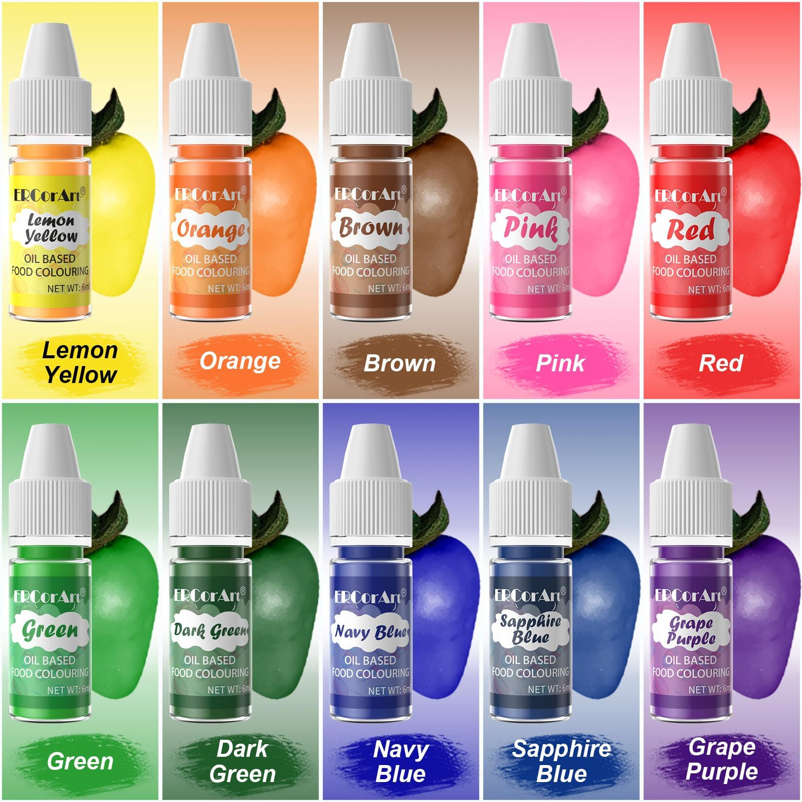 Oil Based Food Coloring - 10 Colors Upgraded Food Coloring For Chocolate, Ercorart Edible Oil Food Dye For Candy Melts, Cake Decorating, Fondant, Icing Frosting, Baking - (.25 Fl.Oz Bottles)