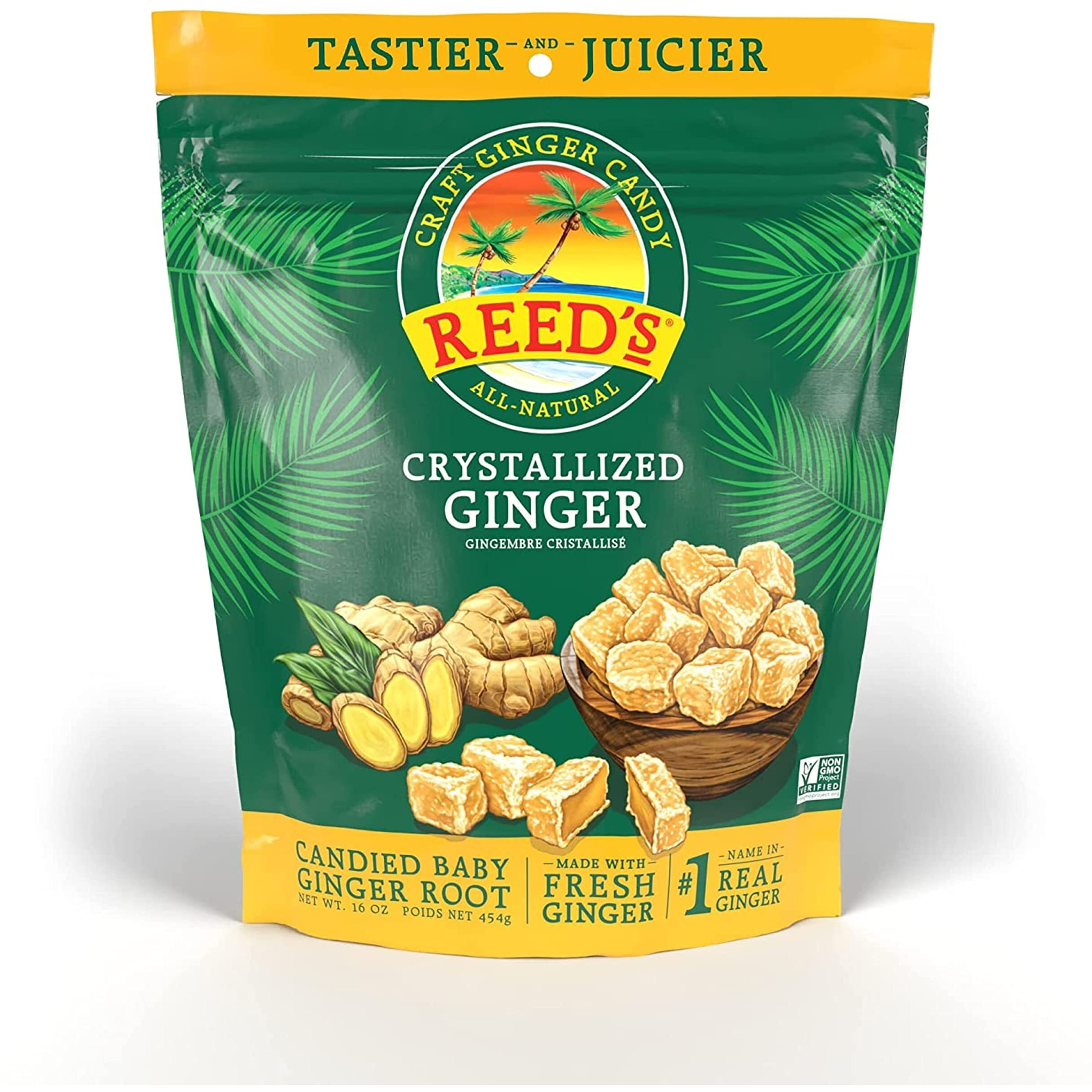 Reed's All Natural Crystallized Ginger Nuggets In A 16 Oz Resealable Bag - Baby Ginger Root Fruit Slices Sweetened With Raw Cane Sugar Crystals - High Energy Ginger Candies For Snacking - 12 Pack