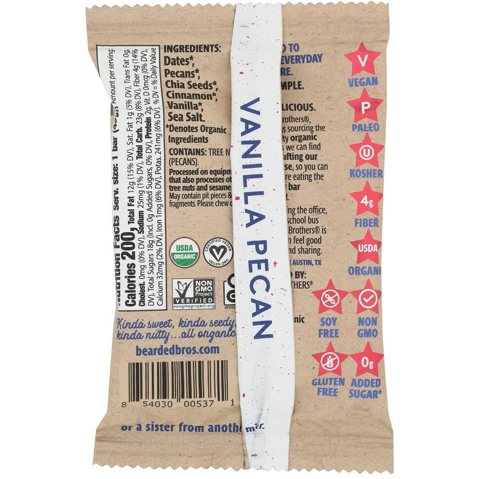 Bearded Brothers Organic Vegan Protein Energy Bars - Gluten Free, Paleo, Fiber, Whole 30 | Non Gmo, Soy Free, Low Snacks | 12 Pack Vanilla Pecan