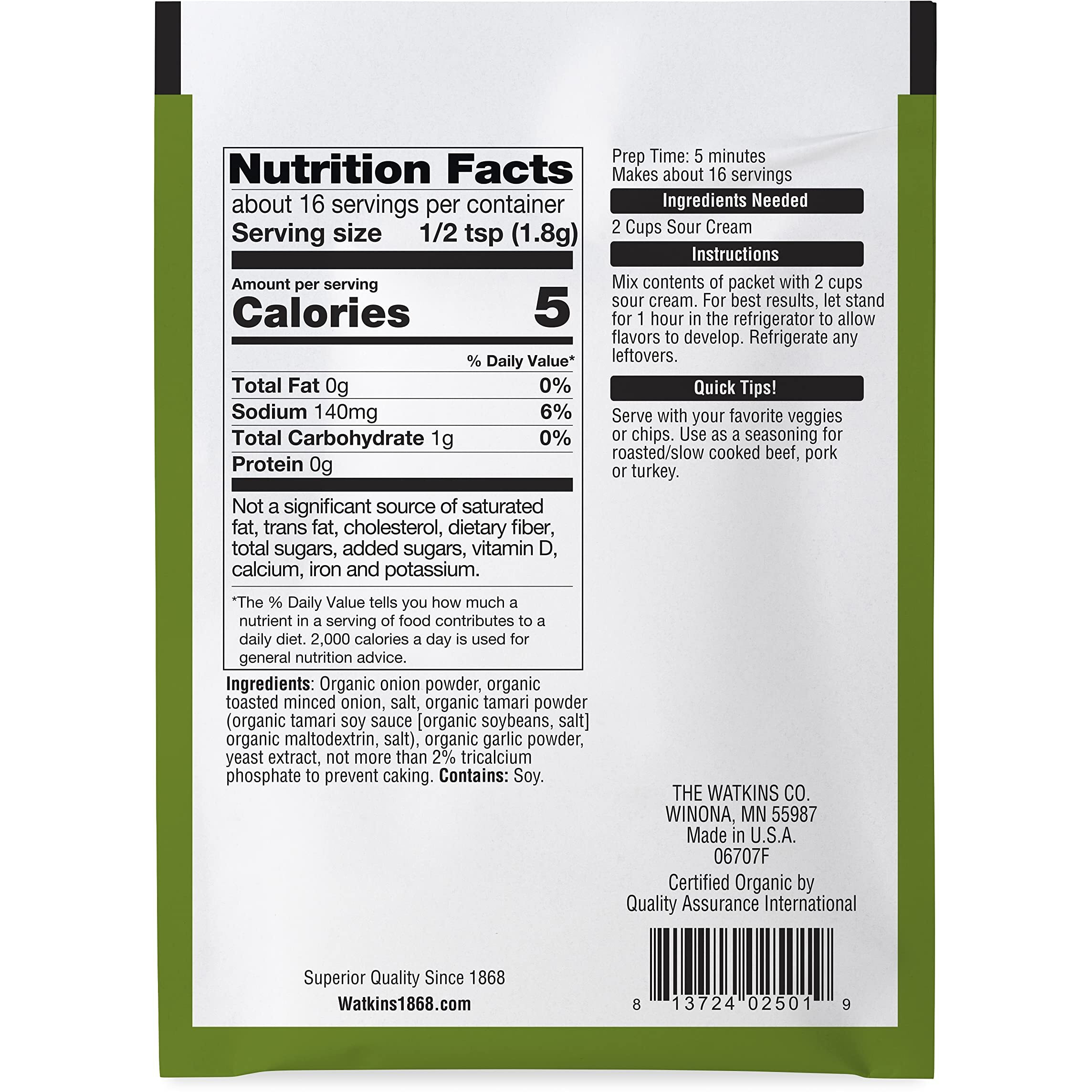 Watkins Organic Gourmet Dip Mix, Onion, 1.0 Oz. Packets, 12-Pack