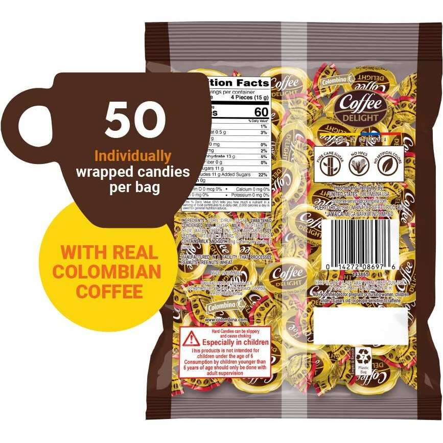Colombina Coffee Delight Hard Candy - Pack Of 50 Gluten Free Coffee-Flavored Candies Made W/Real Colombian Coffee (50 Count) (6.7Oz - 190G) (4 Pack)