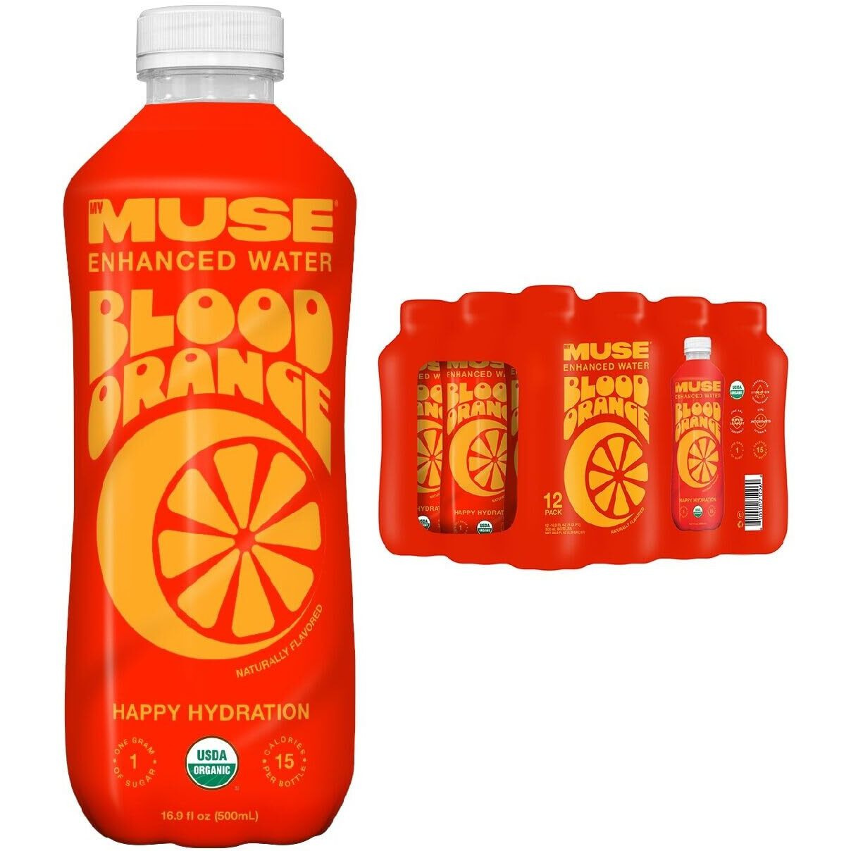 Mymuse Organic Enhanced Flavored Water, Blood Orange, 16.9 Fl Oz Bottle (12 Pack), 1G Of Sugar, Immune Support With Zinc & Elderberry, Antioxidants Vitamin E, Low Calories, Usda Organic