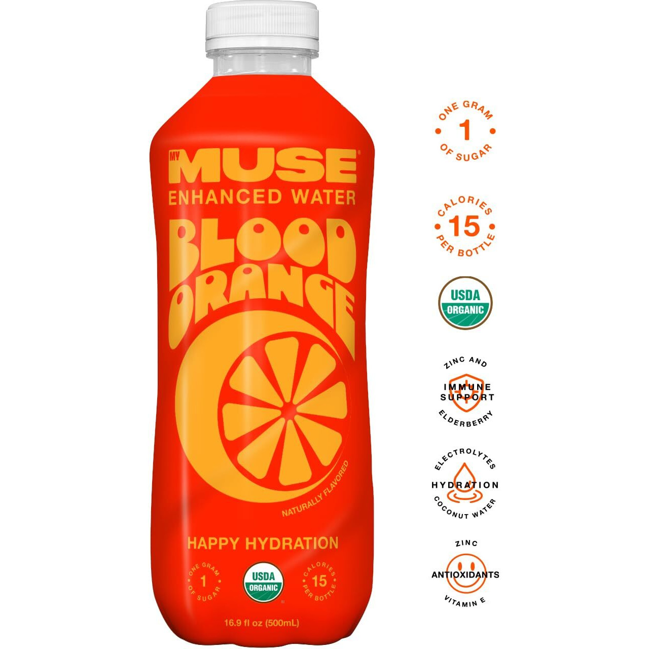 Mymuse Organic Enhanced Flavored Water, Blood Orange, 16.9 Fl Oz Bottle (12 Pack), 1G Of Sugar, Immune Support With Zinc & Elderberry, Antioxidants Vitamin E, Low Calories, Usda Organic