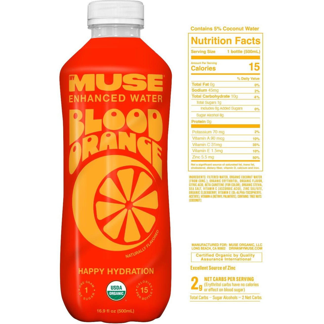 Mymuse Organic Enhanced Flavored Water, Blood Orange, 16.9 Fl Oz Bottle (12 Pack), 1G Of Sugar, Immune Support With Zinc & Elderberry, Antioxidants Vitamin E, Low Calories, Usda Organic