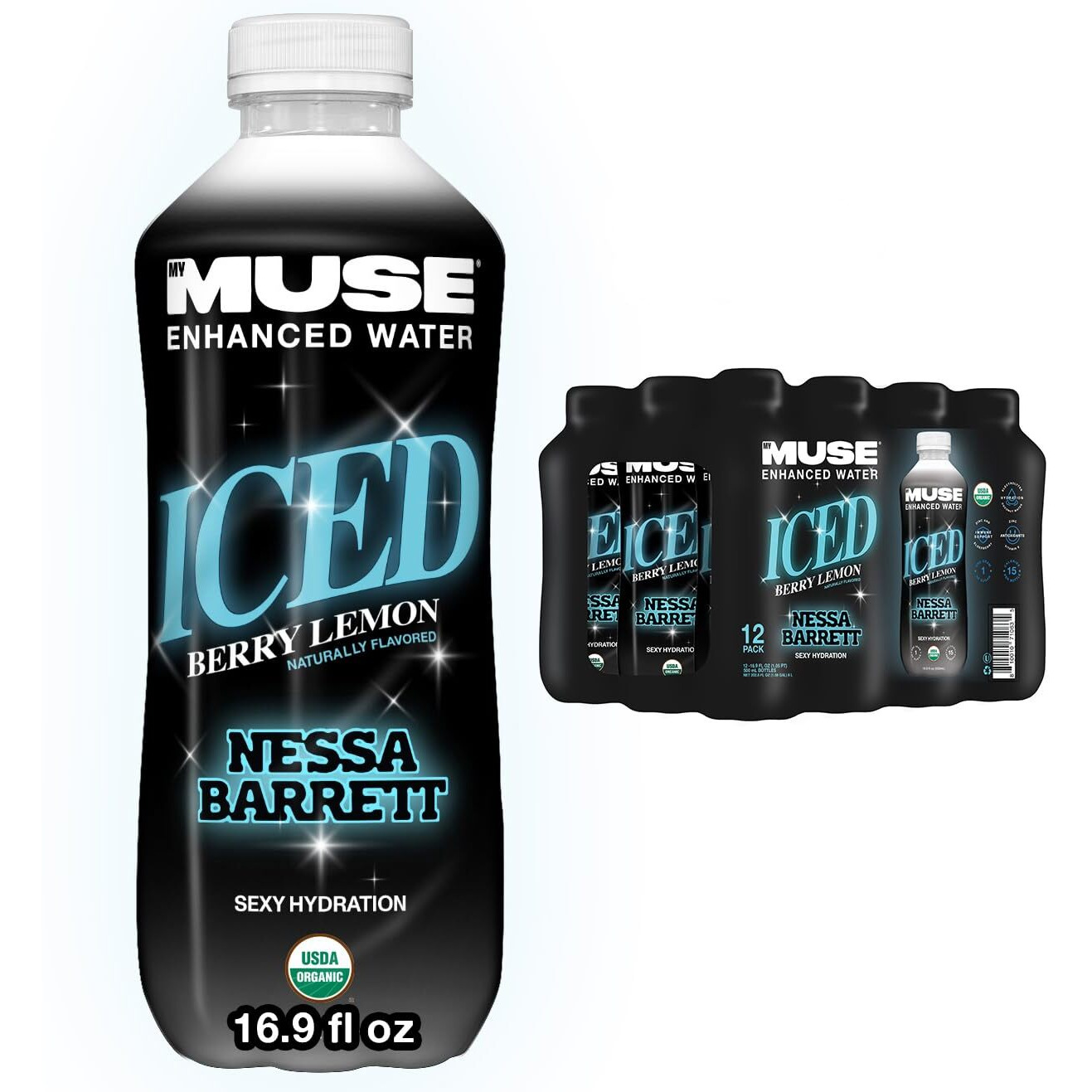 Mymuse Organic Enhanced Flavored Water, Ice Berry Lemon, 16.9 Fl Oz Bottle (12 Pack), 1G Of Sugar, Immune Support With Zinc & Elderberry, Antioxidants Vitamin E, Low Calories, Usda Organic