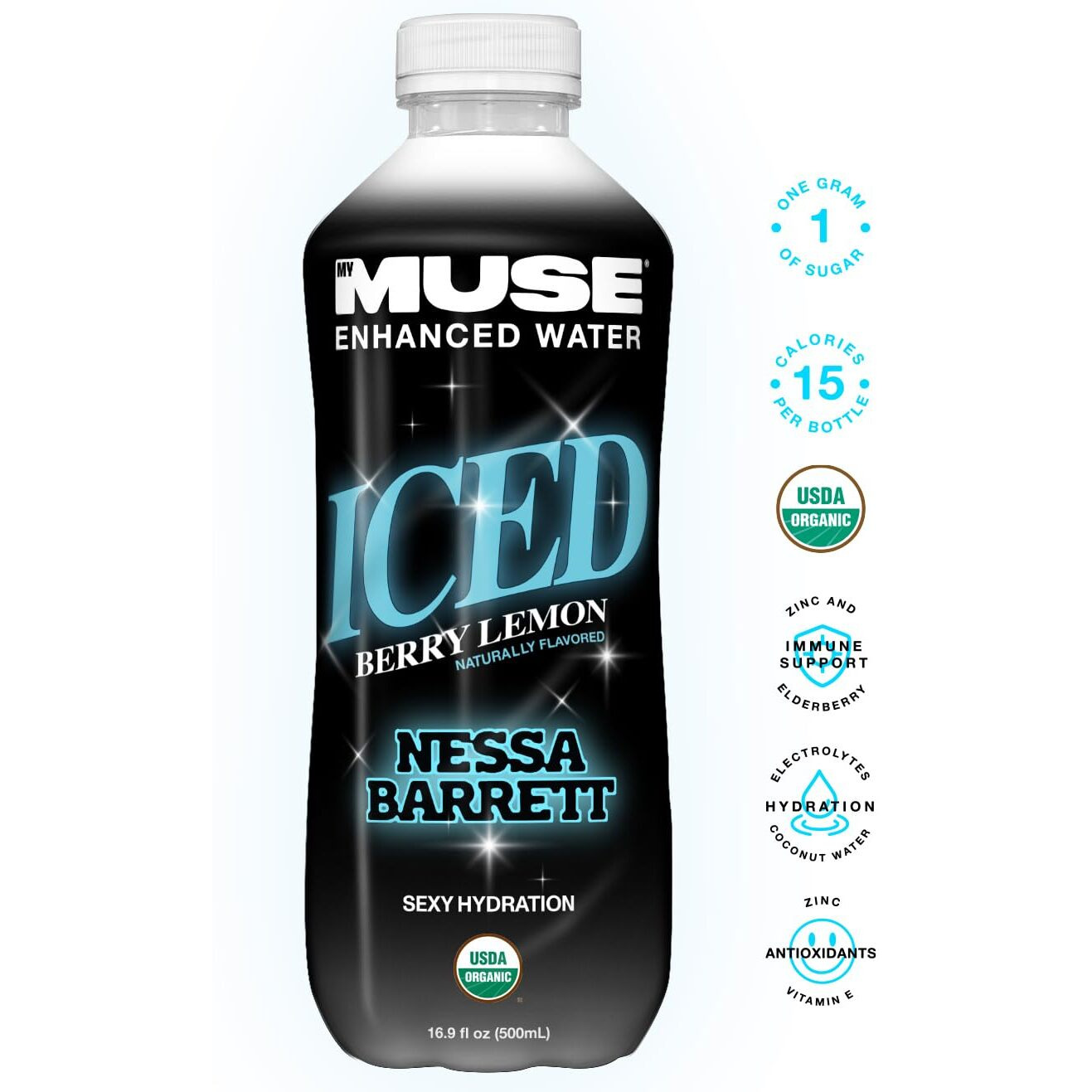 Mymuse Organic Enhanced Flavored Water, Ice Berry Lemon, 16.9 Fl Oz Bottle (12 Pack), 1G Of Sugar, Immune Support With Zinc & Elderberry, Antioxidants Vitamin E, Low Calories, Usda Organic