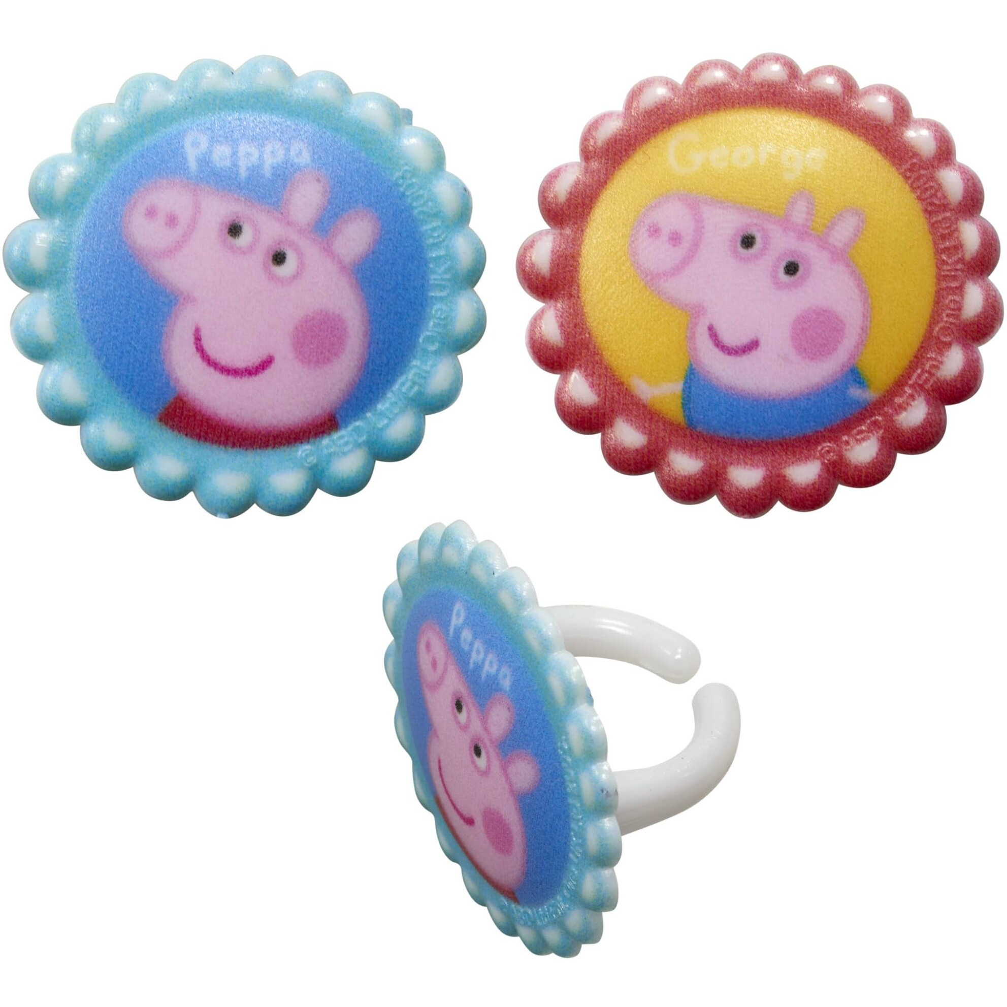Decopac Peppa Pig Siblings Rings, Cupcake Decorations Featuring Peppa And George, Blue And Yellow 3D Food Safe Cake Toppers - 24 Pack