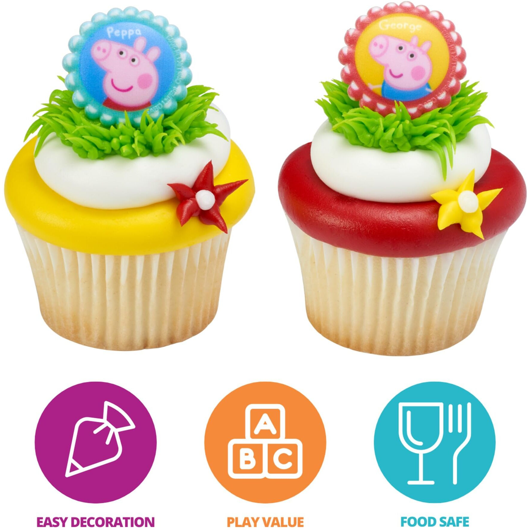 Decopac Peppa Pig Siblings Rings, Cupcake Decorations Featuring Peppa And George, Blue And Yellow 3D Food Safe Cake Toppers - 24 Pack