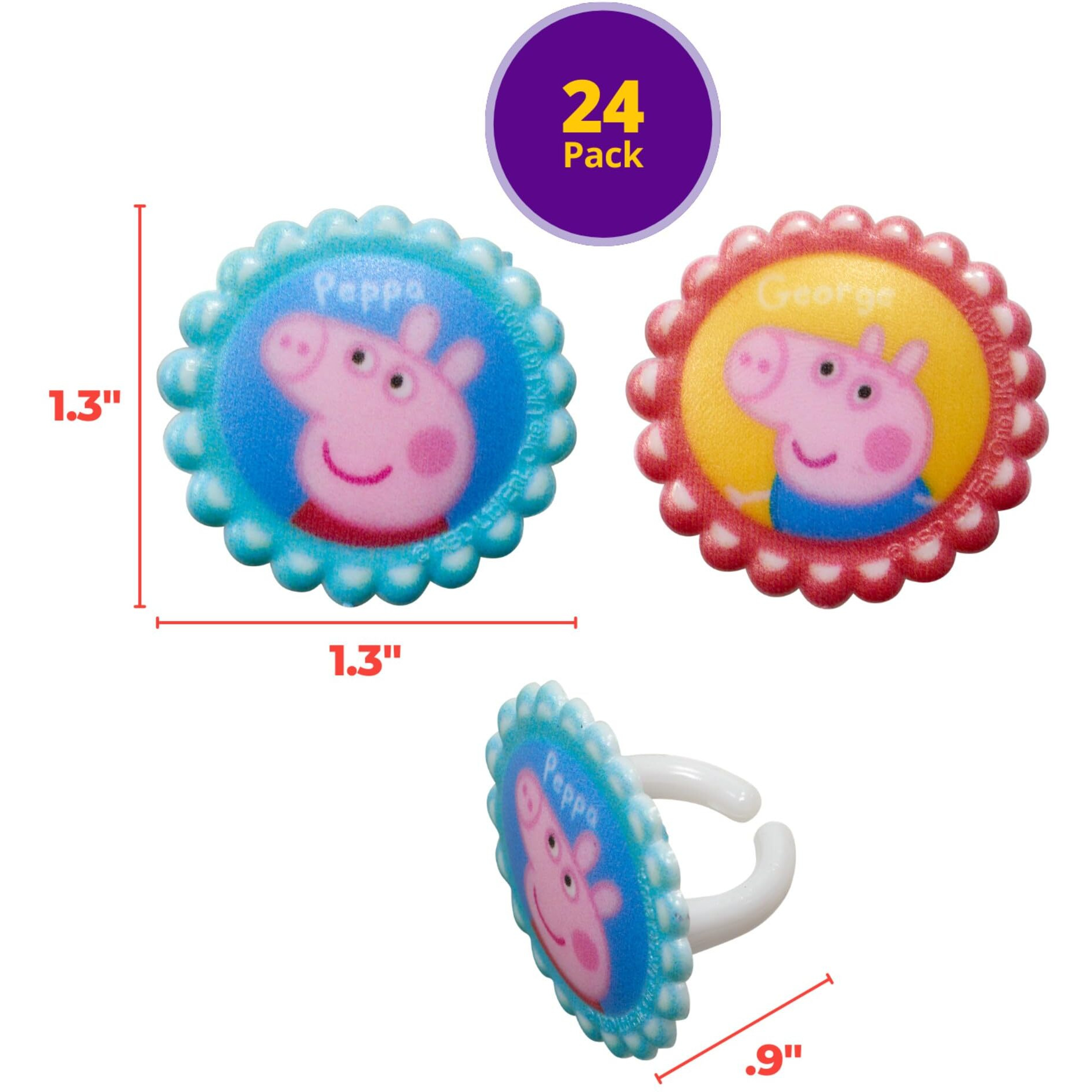 Decopac Peppa Pig Siblings Rings, Cupcake Decorations Featuring Peppa And George, Blue And Yellow 3D Food Safe Cake Toppers - 24 Pack
