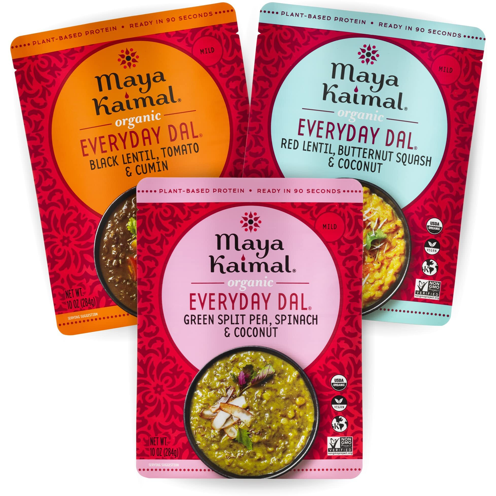 Maya Kaimal Foods - Organic Indian Everyday Dal - Variety Pack 10Oz - Red Lentil, Black Lentil, Green Split Pea - Fully Cooked - Vegan - Microwavable - Ready To Eat Meals - Pack Of 3