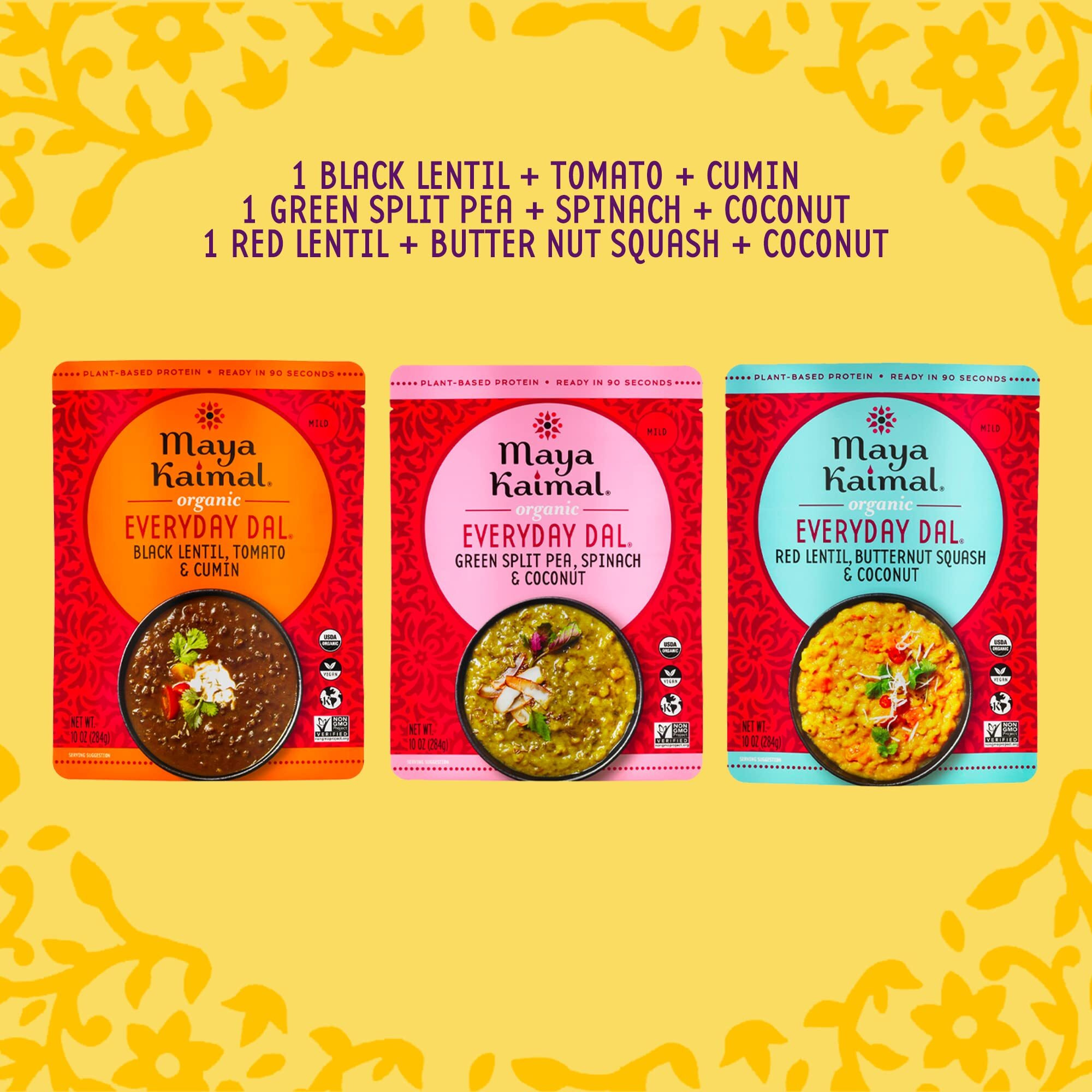 Maya Kaimal Foods - Organic Indian Everyday Dal - Variety Pack 10Oz - Red Lentil, Black Lentil, Green Split Pea - Fully Cooked - Vegan - Microwavable - Ready To Eat Meals - Pack Of 3