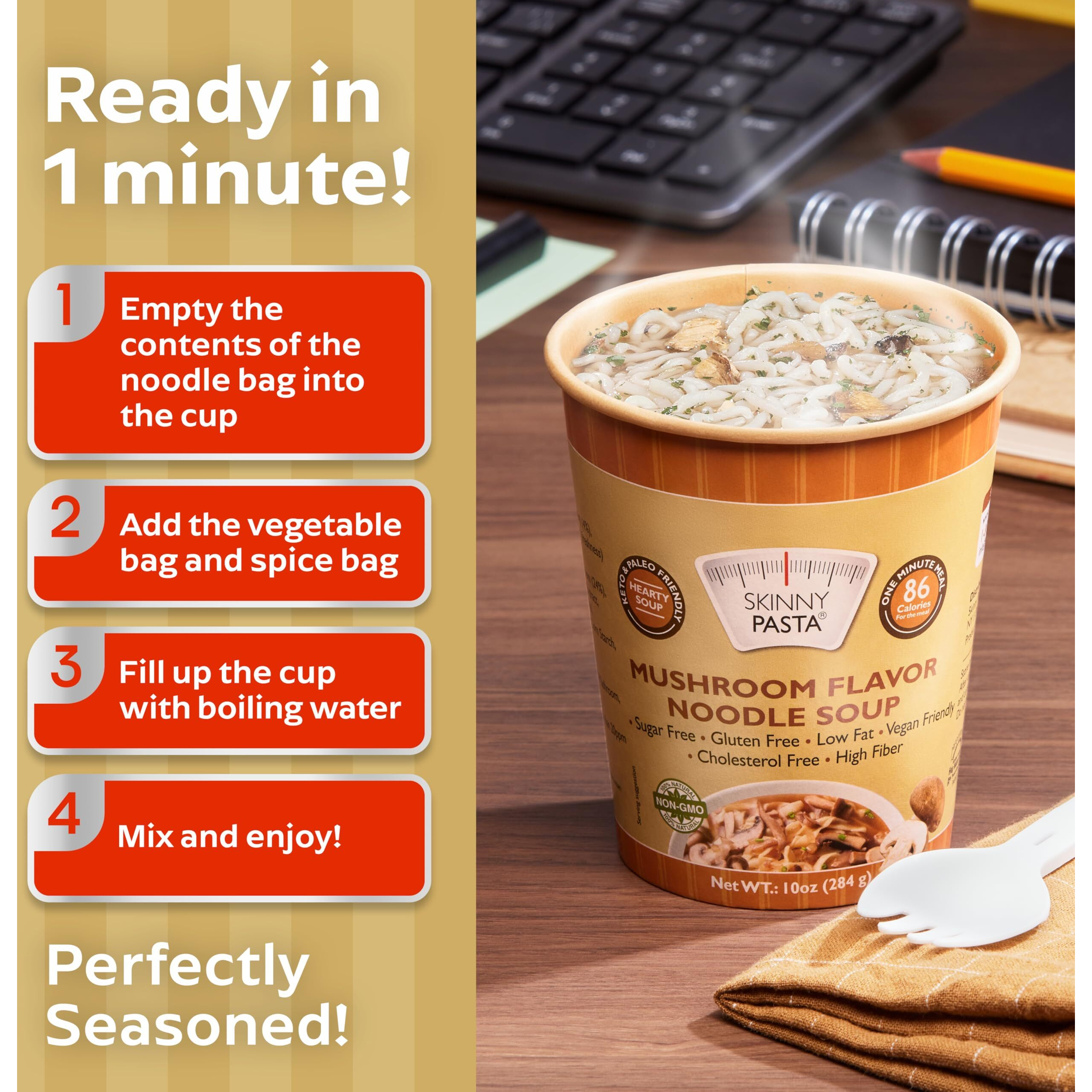 Skinny Pasta Healthy Shirataki Noodle Mushroom Soup | Ultra-Low Calorie Konjac Noodles Ramen For Weight Loss | High Fiber, Carb Free, Keto & Paleo Friendly Vegan Noodles Instant Soup | 6 Pack