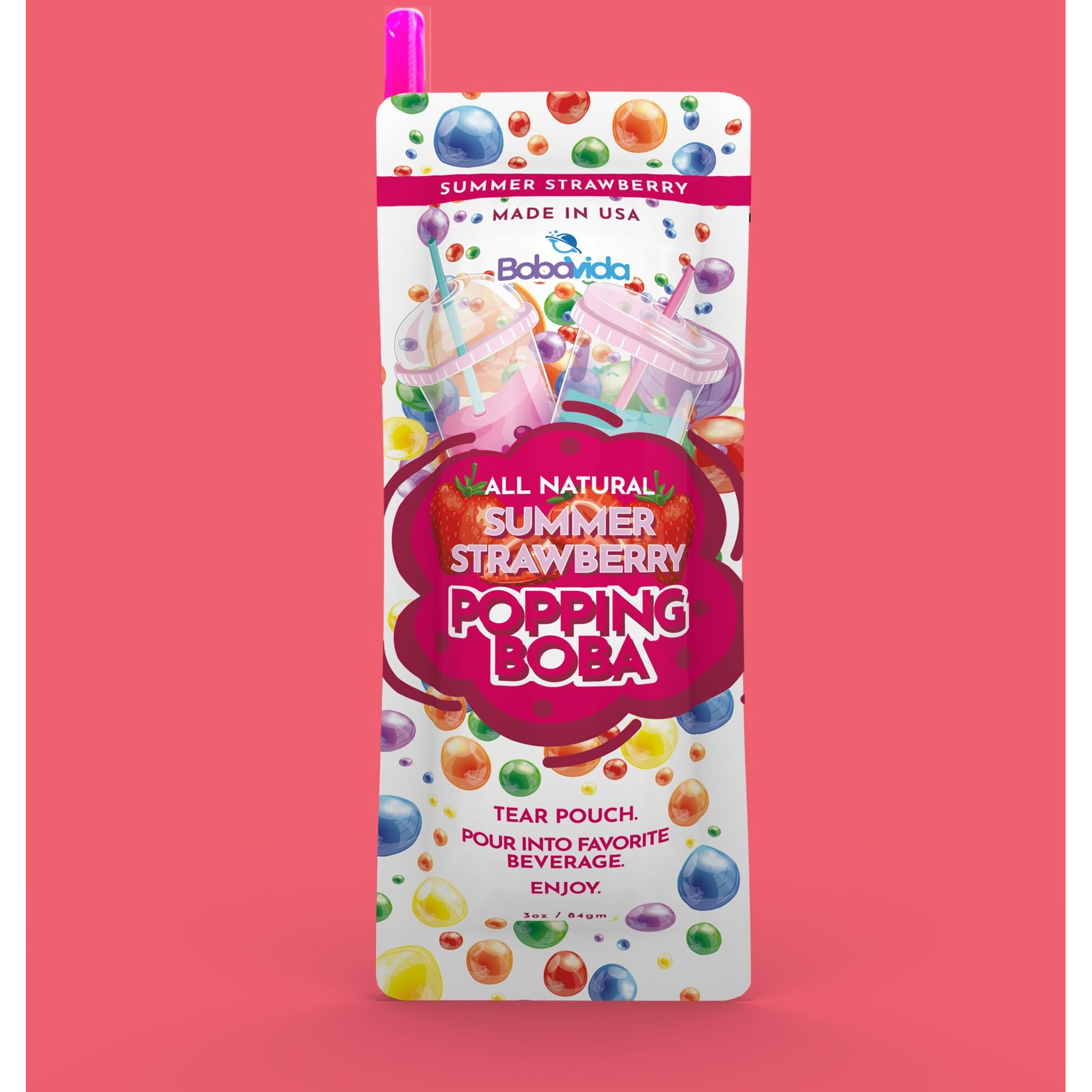 Bobavida Summer Strawberry Popping Boba - 10 Boba Packets With Straws For Drinks, Desserts & Food Toppings - Non-Gmo Popping Boba Pearls
