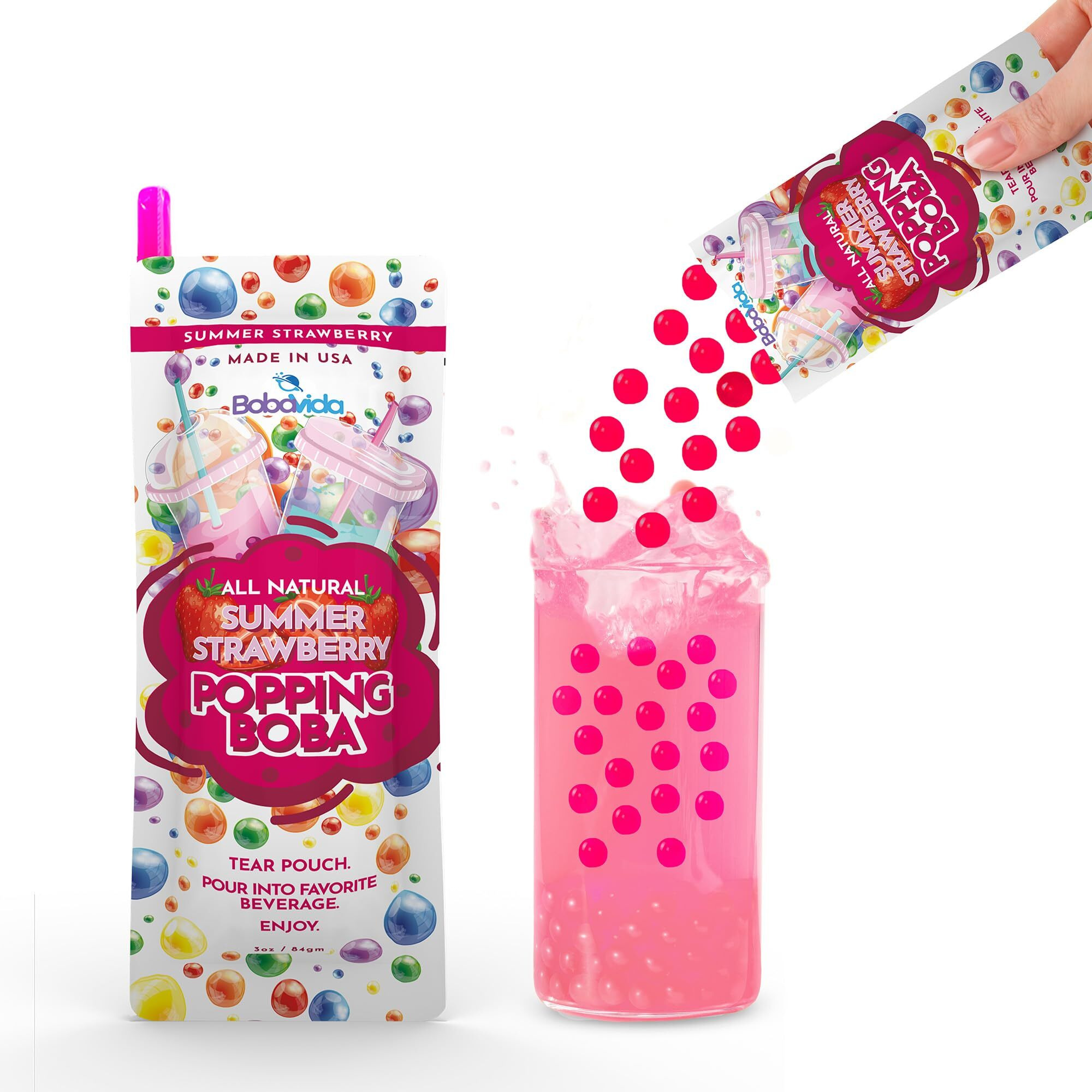 Bobavida Summer Strawberry Popping Boba - 10 Boba Packets With Straws For Drinks, Desserts & Food Toppings - Non-Gmo Popping Boba Pearls