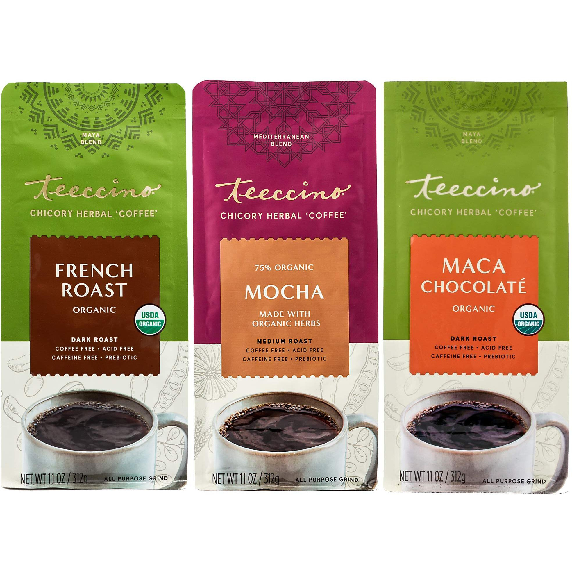 Teeccino Herbal Coffee Variety Pack - Mocha, French Roast, Maca Chocolat   - Ground Herbal Coffee Thats Prebiotic, Caffeine-Free & Acid Free, Medium Roast, 11 Ounce (Pack Of 3)