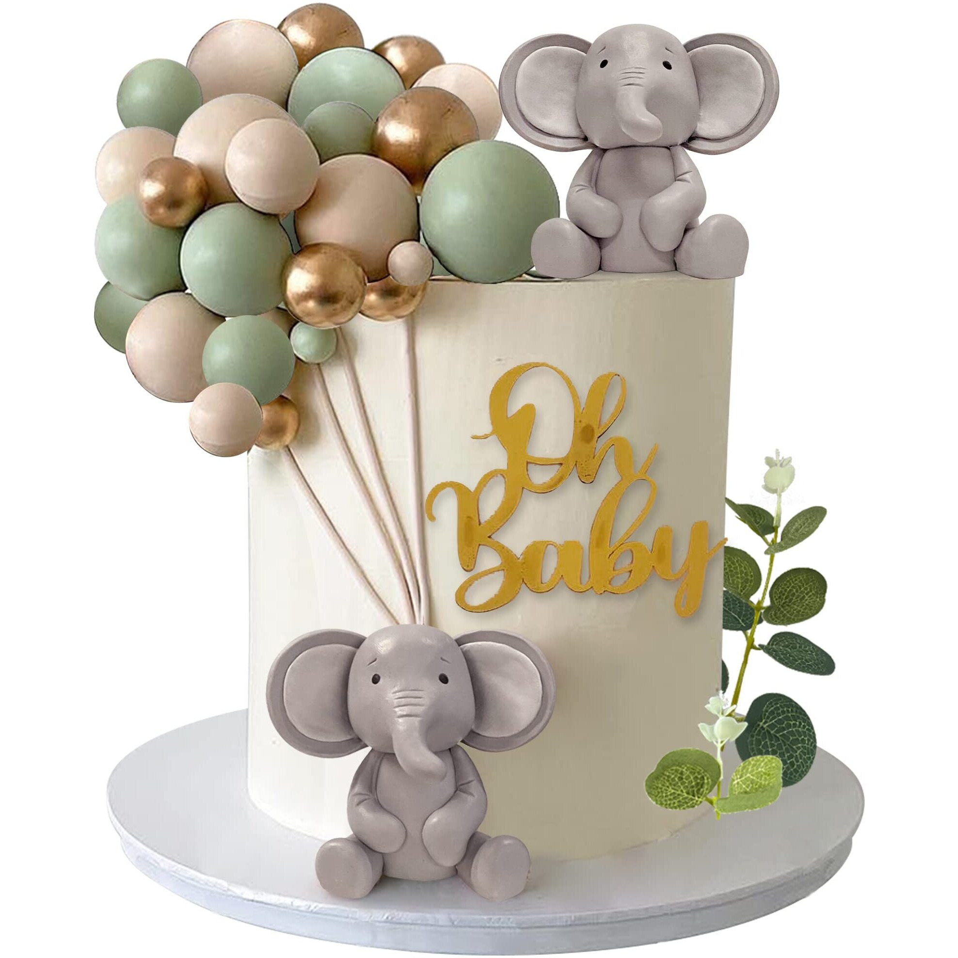 26 Pcs Elephant Cake Decoration Pearl Balls Cake Picks Eucalyptus Leaves Decoration Elephant Baby Shower Cake Decoration