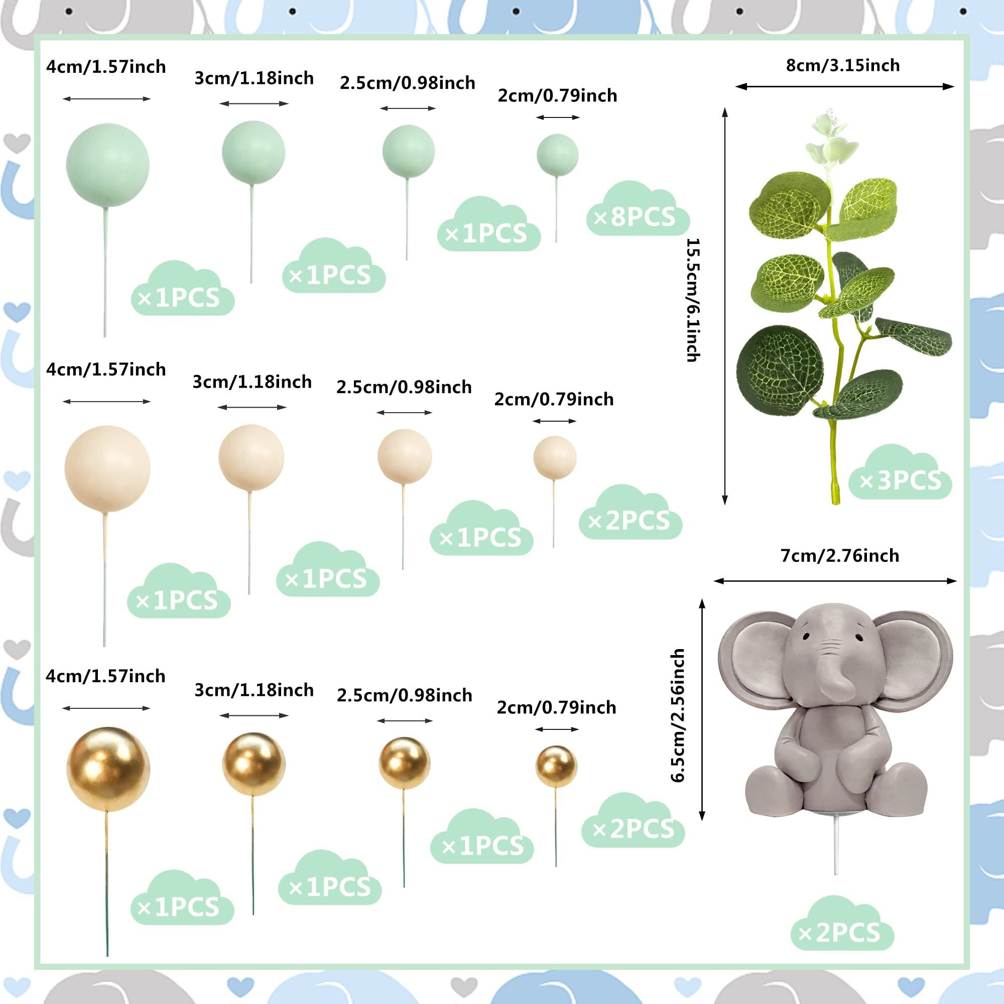 26 Pcs Elephant Cake Decoration Pearl Balls Cake Picks Eucalyptus Leaves Decoration Elephant Baby Shower Cake Decoration