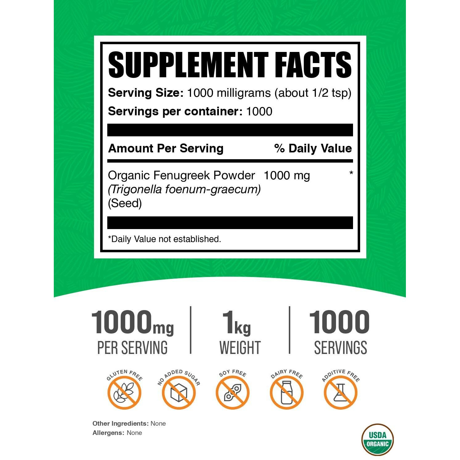 Bulksupplements.Com Organic Fenugreek Powder - From Fenugreek Seeds, Trigonella Foenum-Graecum, Fenugreek Supplement - Gluten Free, 1000Mg Per Serving, 1Kg (2.2 Lbs) (Pack Of 1)
