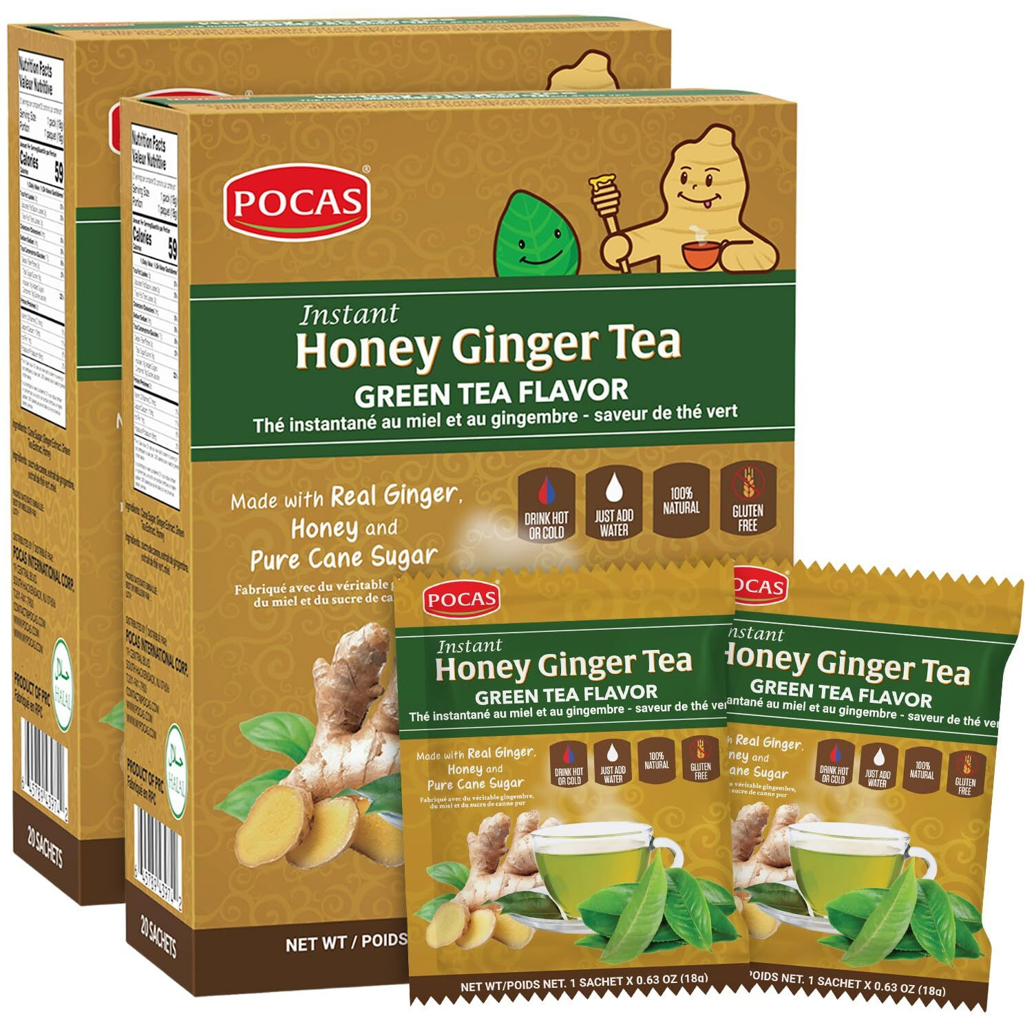 Pocas Honey Ginger Tea - Instant Tea Powder Packets With Green Tea Extract & Ginger Honey Crystals Tea, Non-Gmo/Gluten Free/Caffeine Free Tea, 20 Count (Pack Of 2)
