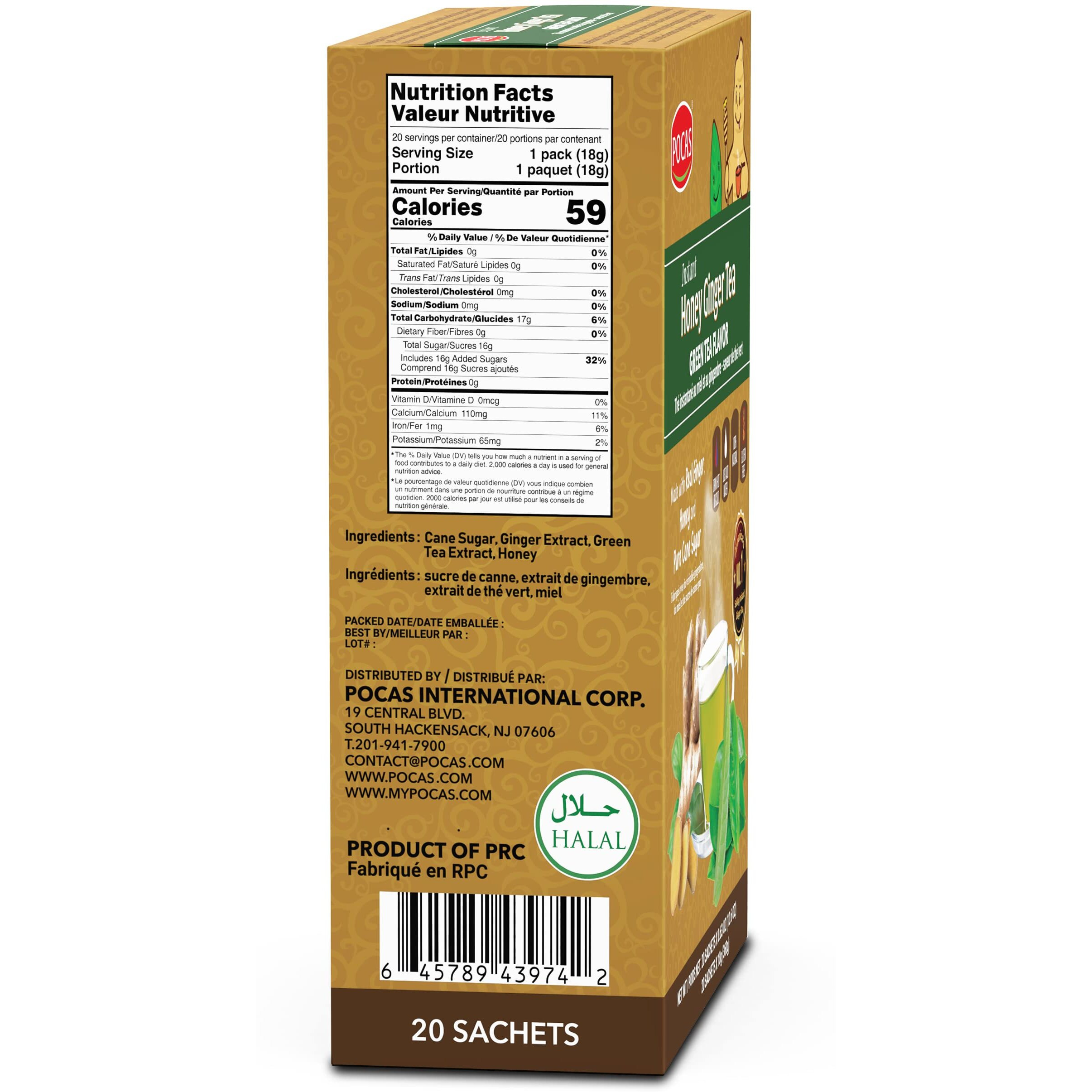 Pocas Honey Ginger Tea - Instant Tea Powder Packets With Green Tea Extract & Ginger Honey Crystals Tea, Non-Gmo/Gluten Free/Caffeine Free Tea, 20 Count (Pack Of 2)