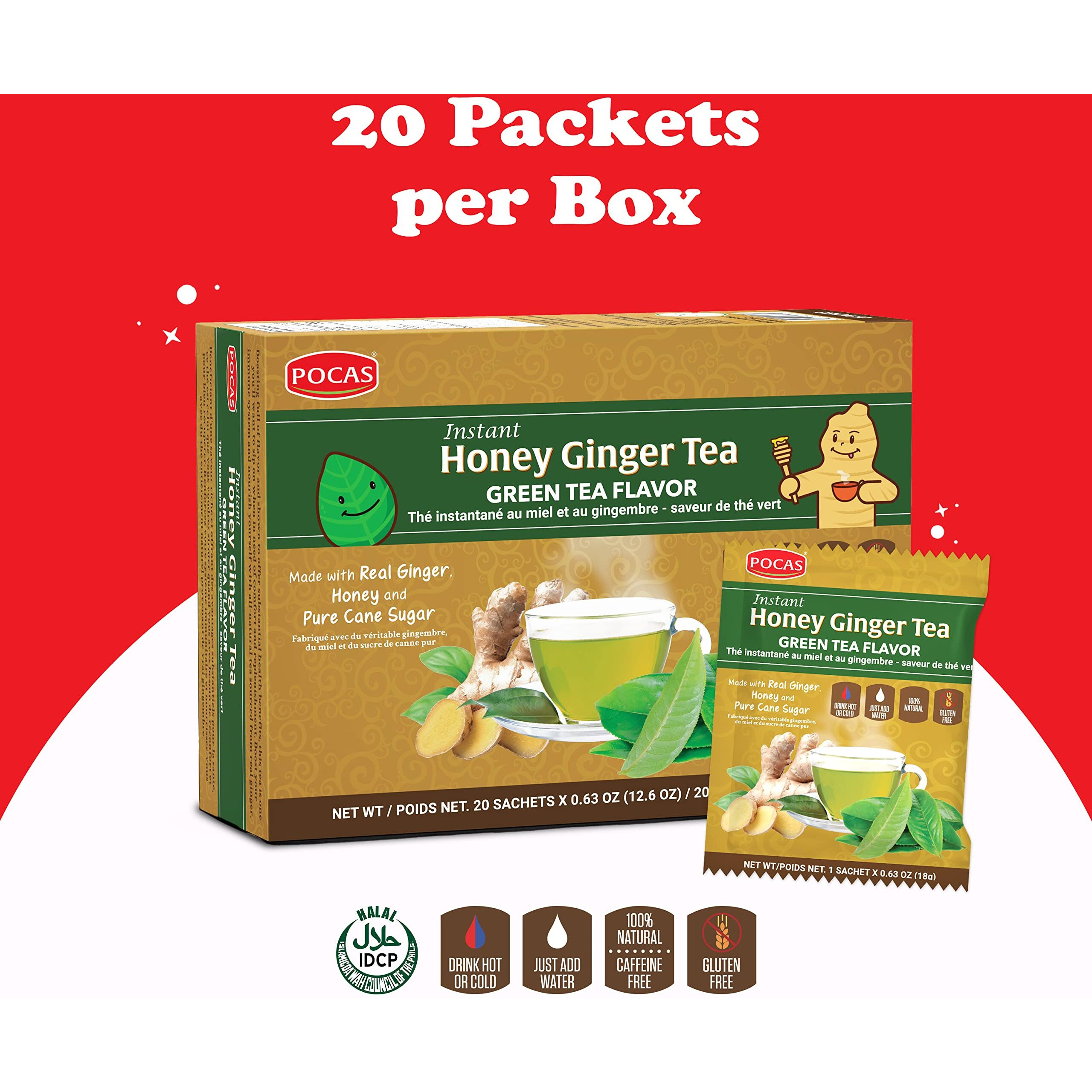 Pocas Honey Ginger Tea - Instant Tea Powder Packets With Green Tea Extract & Ginger Honey Crystals Tea, Non-Gmo/Gluten Free/Caffeine Free Tea, 20 Count (Pack Of 2)
